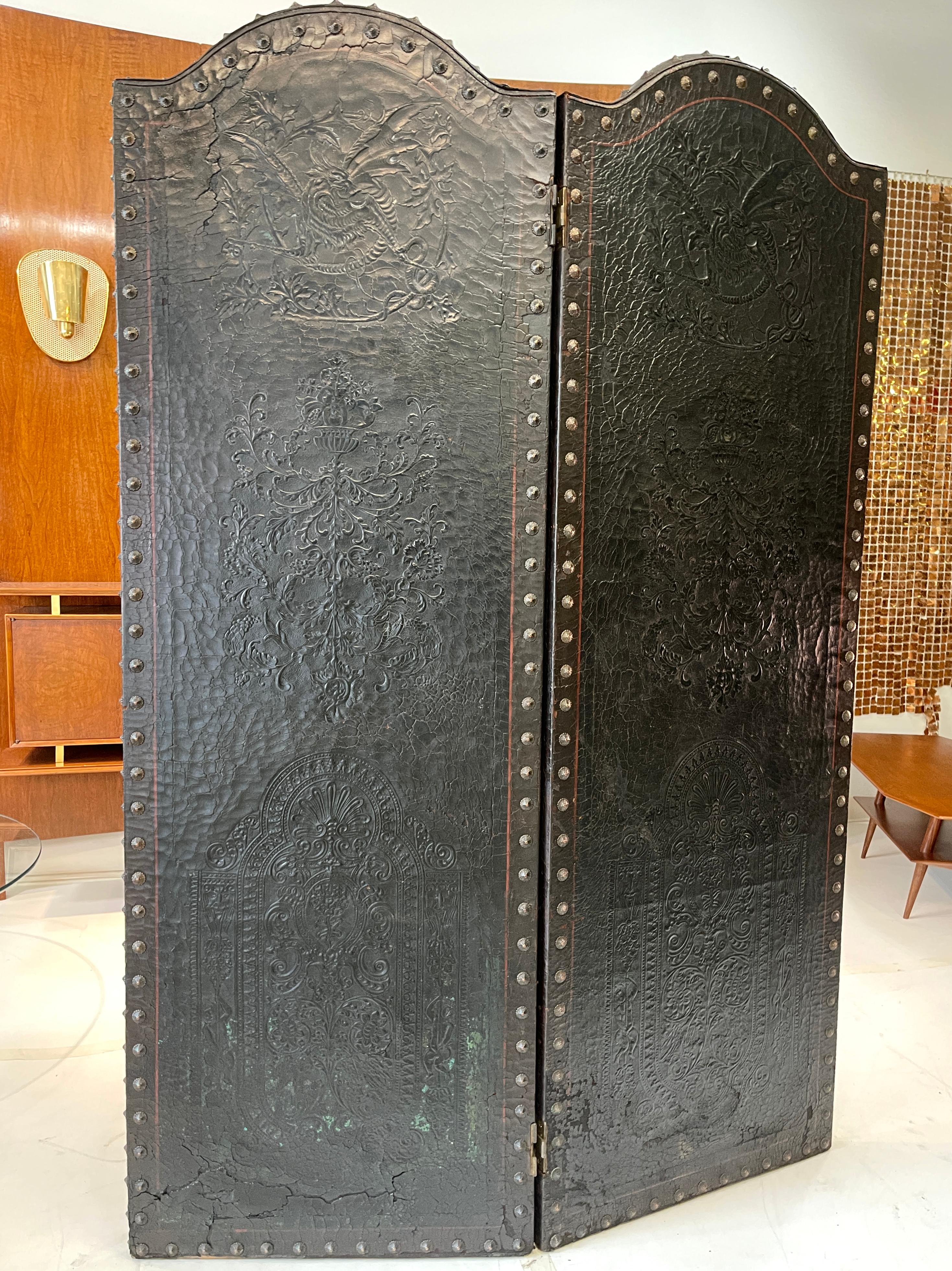 Italian Embossed Leather Two Panel Screen In Distressed Condition In Hanover, MA