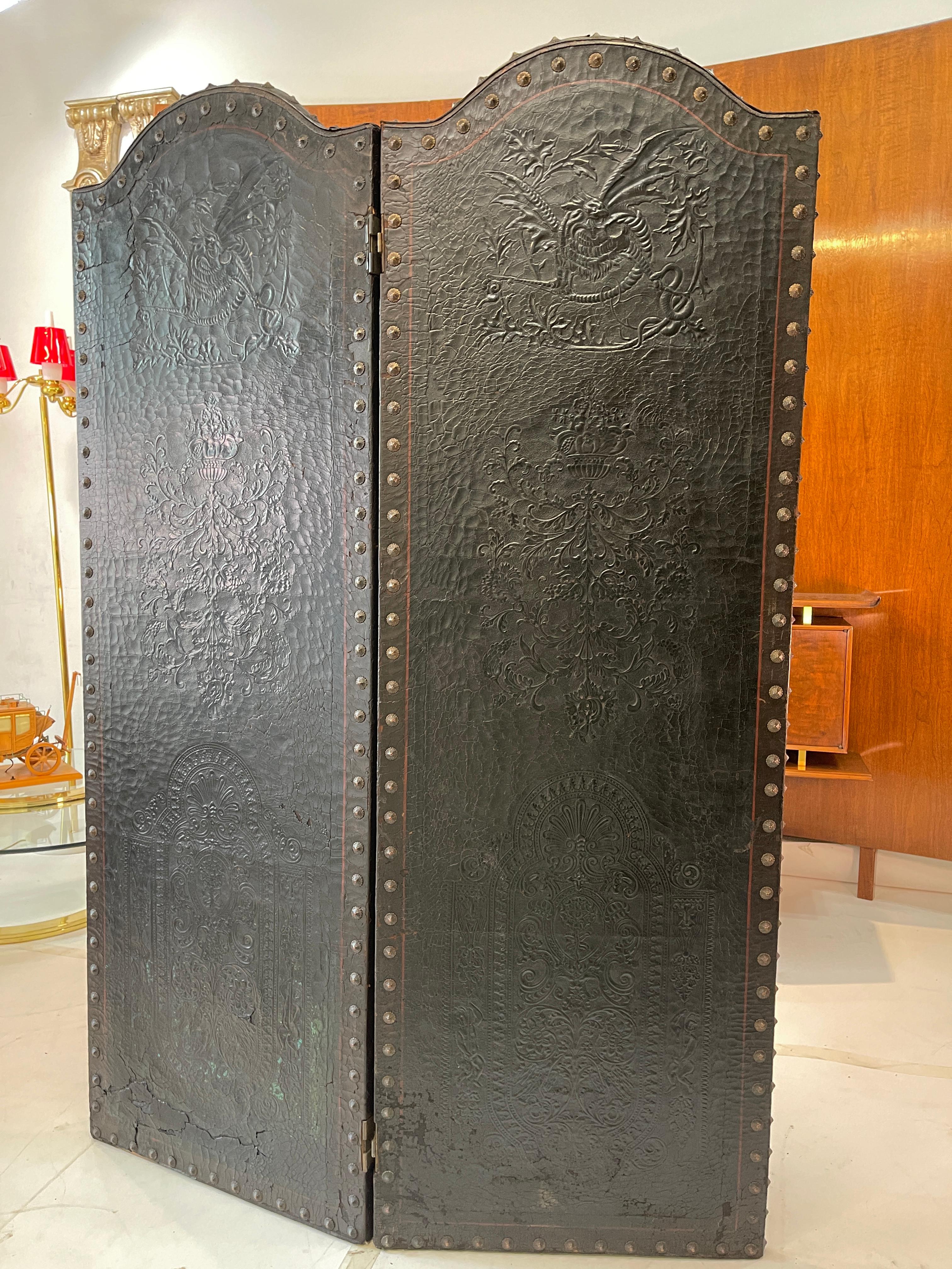 Early 20th Century Italian Embossed Leather Two Panel Screen