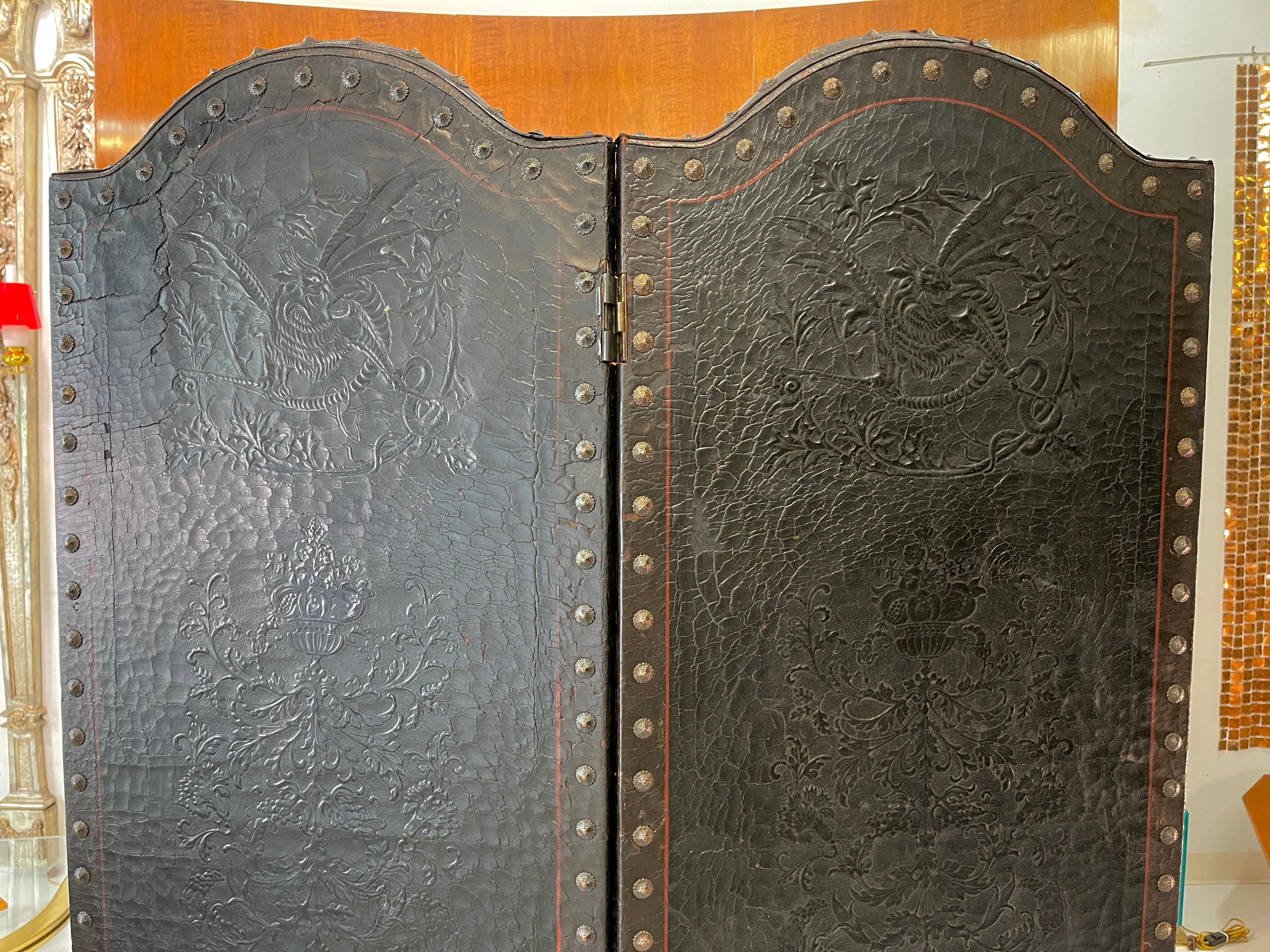 Italian Embossed Leather Two Panel Screen 1