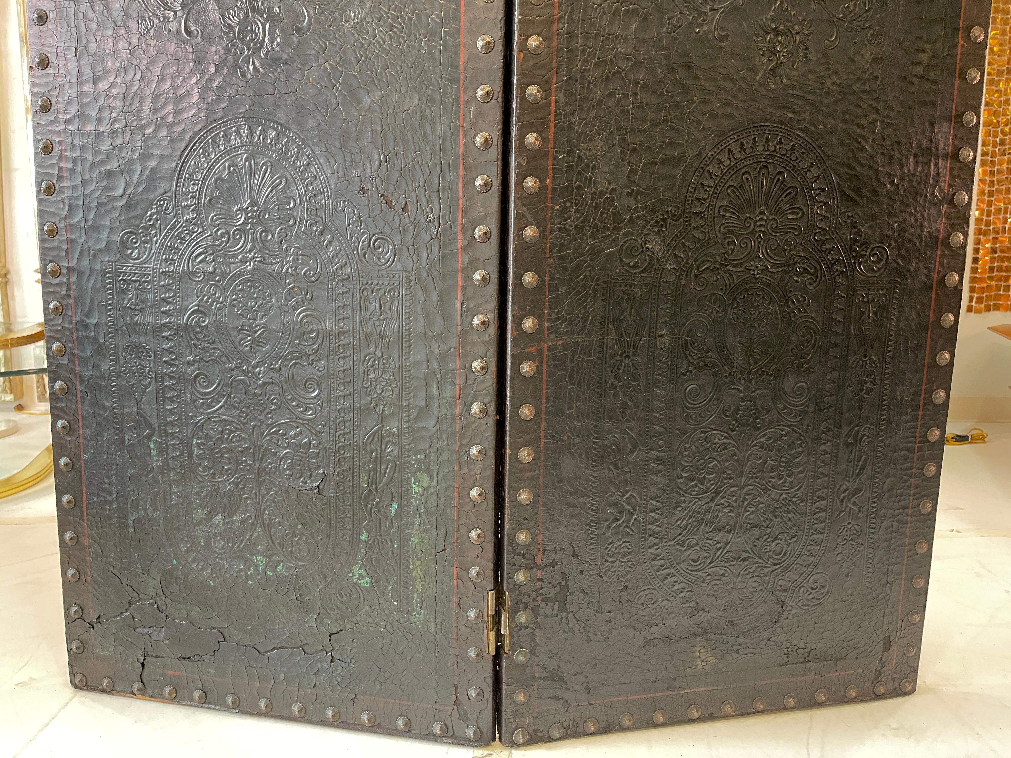 Italian Embossed Leather Two Panel Screen 2