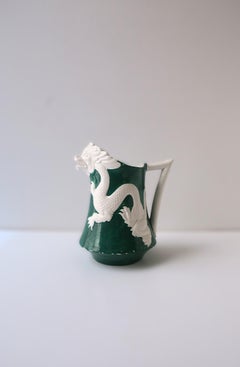 Italian Emerald‑Green Pitcher Vase with White Dragon Relief, Circa 1950s Italy
