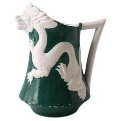 Italian Emerald‑Green Pitcher Vase with White Dragon Relief, Circa 1950s Italy