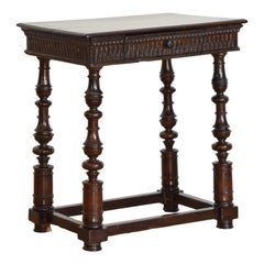 Italian, Emilia Romagna, Turned & Carved Dark Walnut 1-Drawer Table, ca. 1700