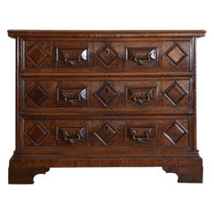 Italian, Emiliana, Baroque Carved Walnut 3-Drawer Cassettone, circa 1600