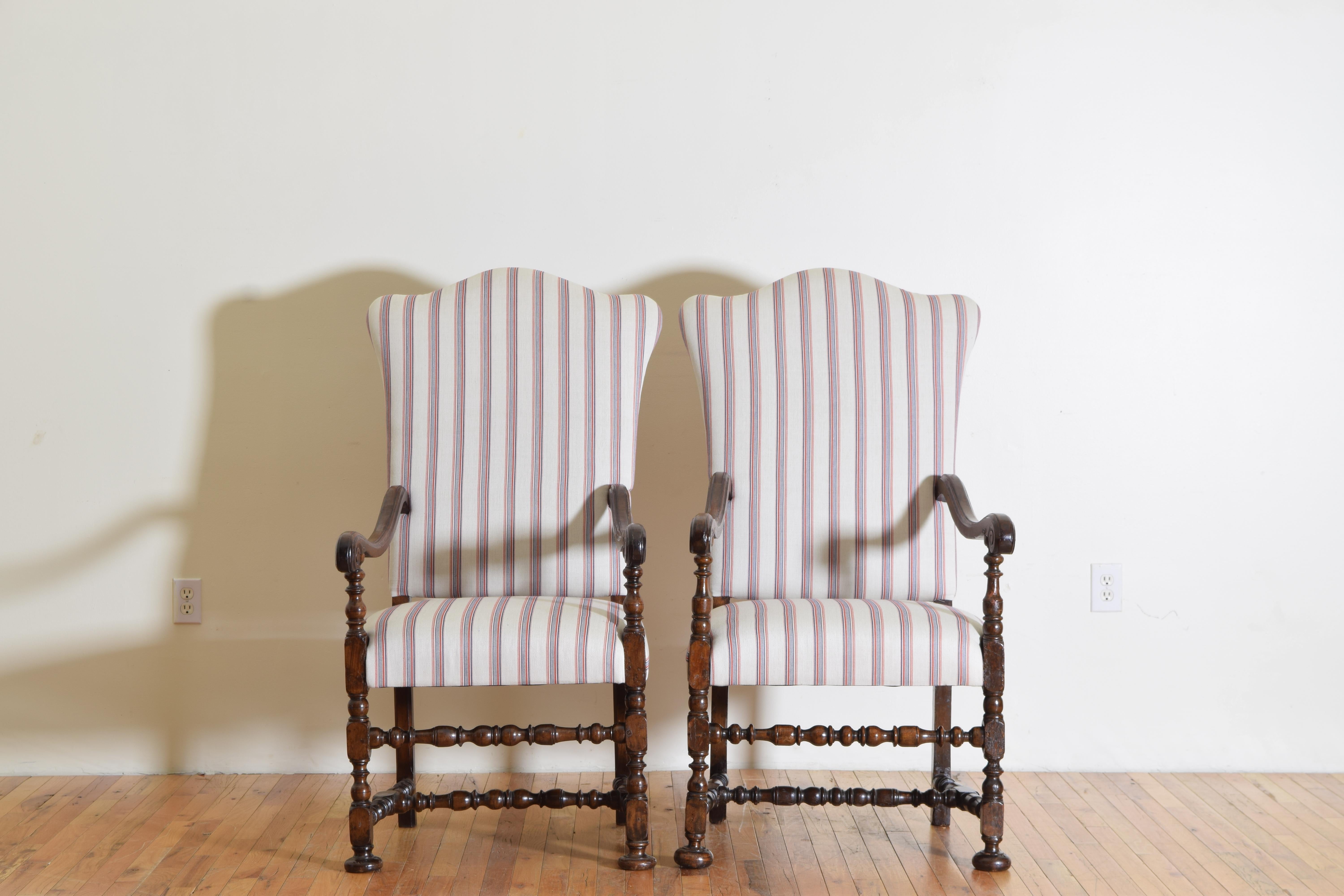 Hand-Carved Italian, Emiliana, Louis XIII Period Pair of Walnut and Upholstered Armchairs