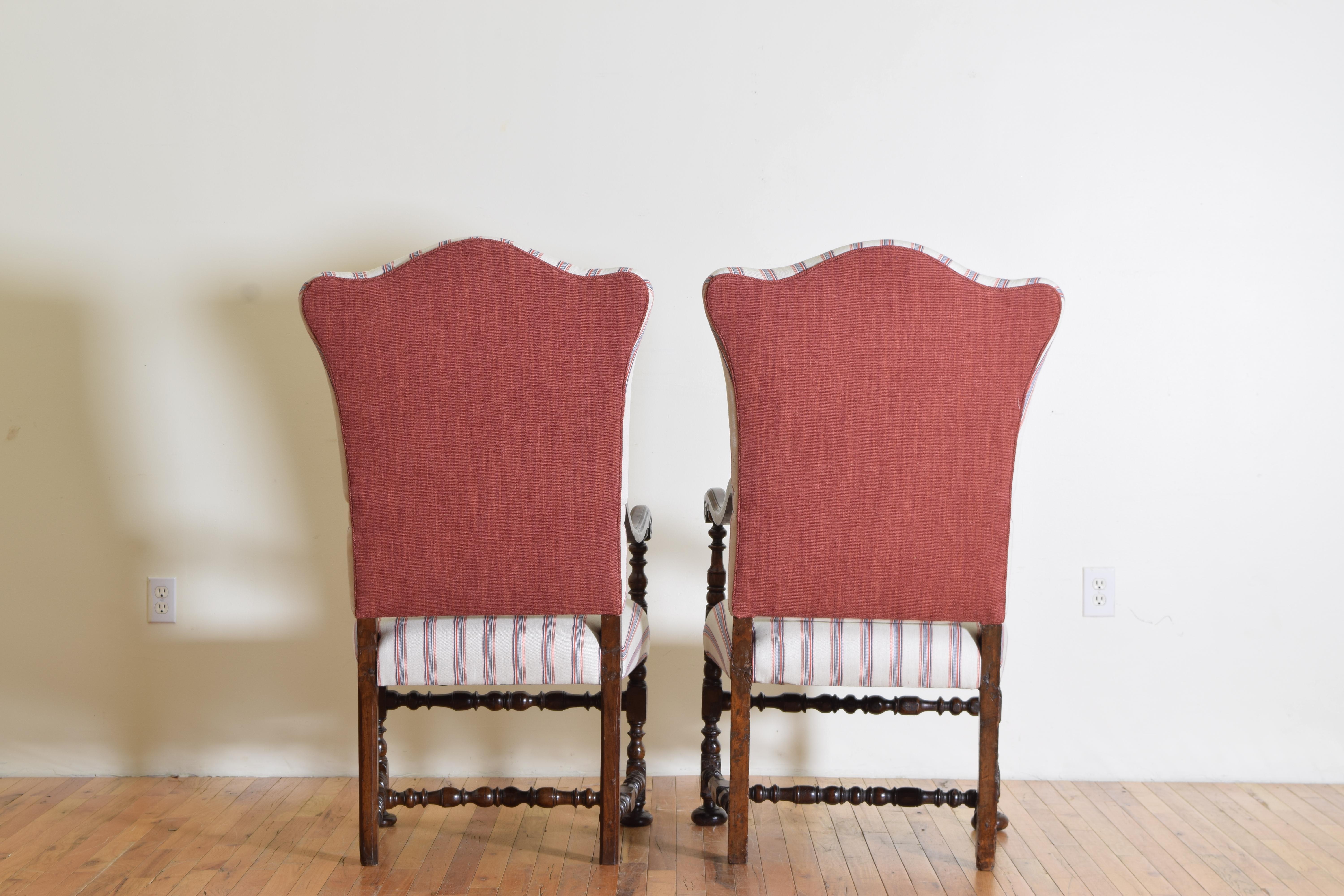 18th Century Italian, Emiliana, Louis XIII Period Pair of Walnut and Upholstered Armchairs