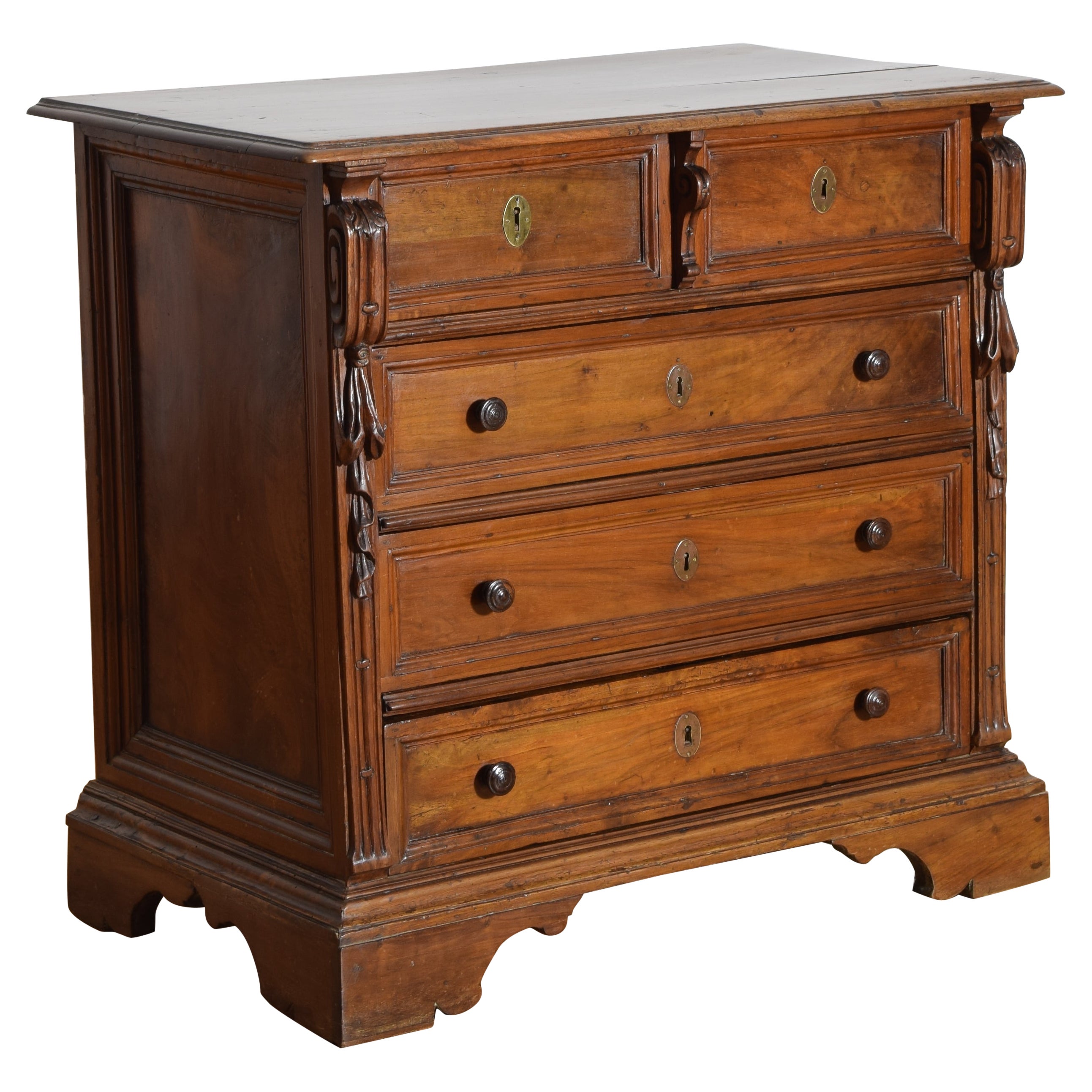 Italian, Emiliana, Louis XIV Period Carved Walnut 5-Drawer Commode, early 18thc