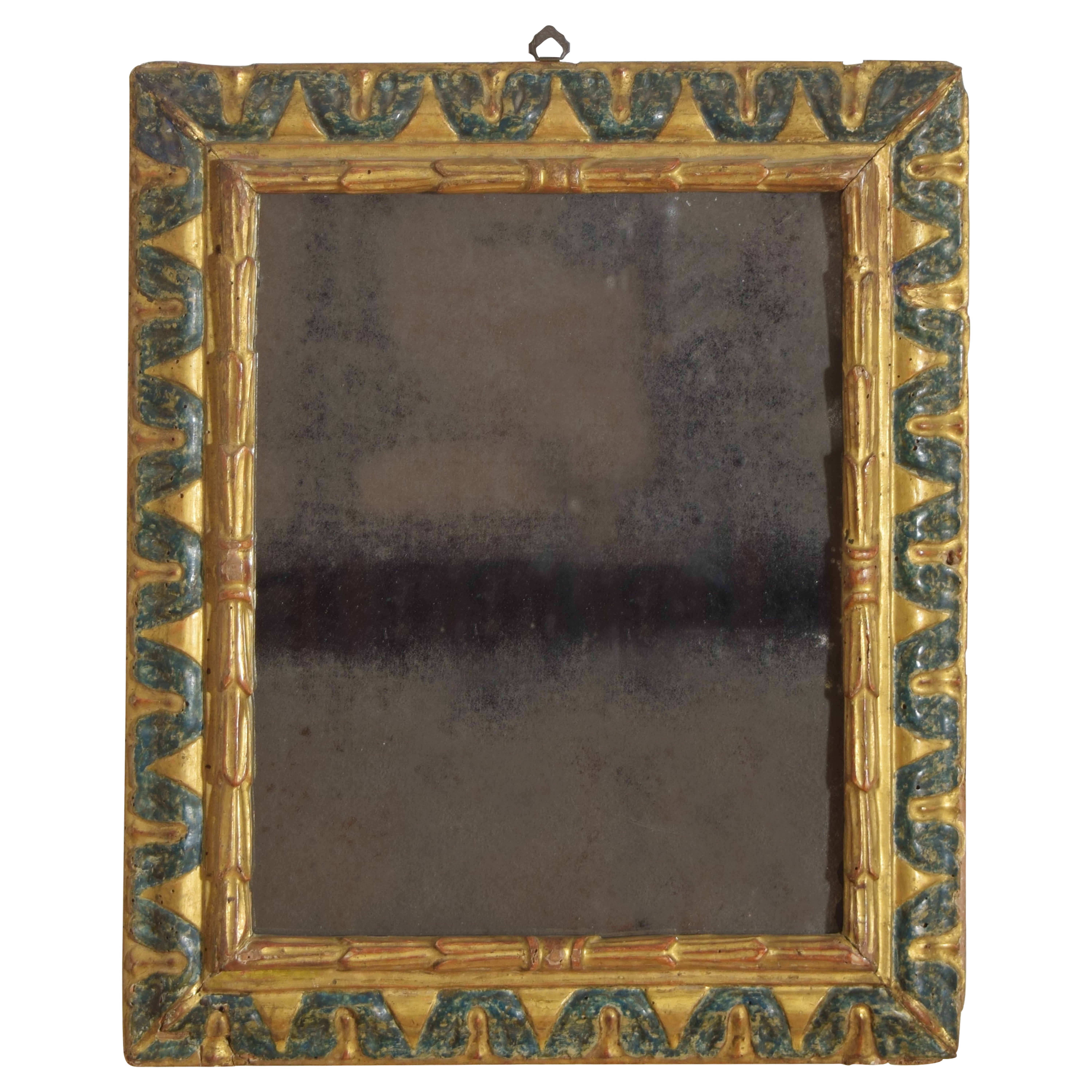 Italiano, Emiliana, Espejo de madera dorada y pintura verde del periodo Luis XIV, ca. 1725 en venta