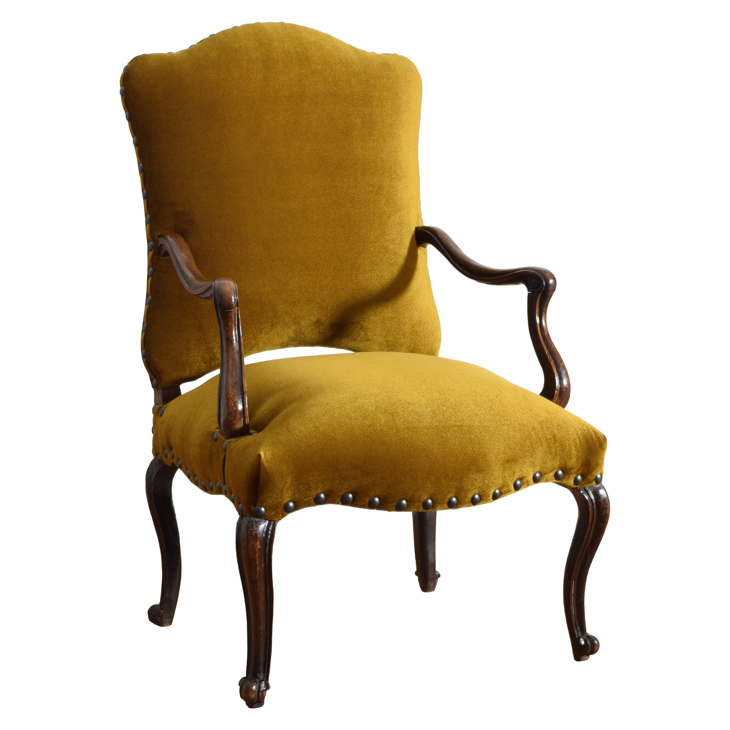 Italian, Emiliana, Rococo Period Shaped Walnut & Upholstered Armchair, ca. 1750