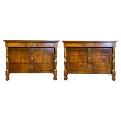 Italian Empire 19th Century Walnut Commodes with Columns and Brass Mounts, Pair