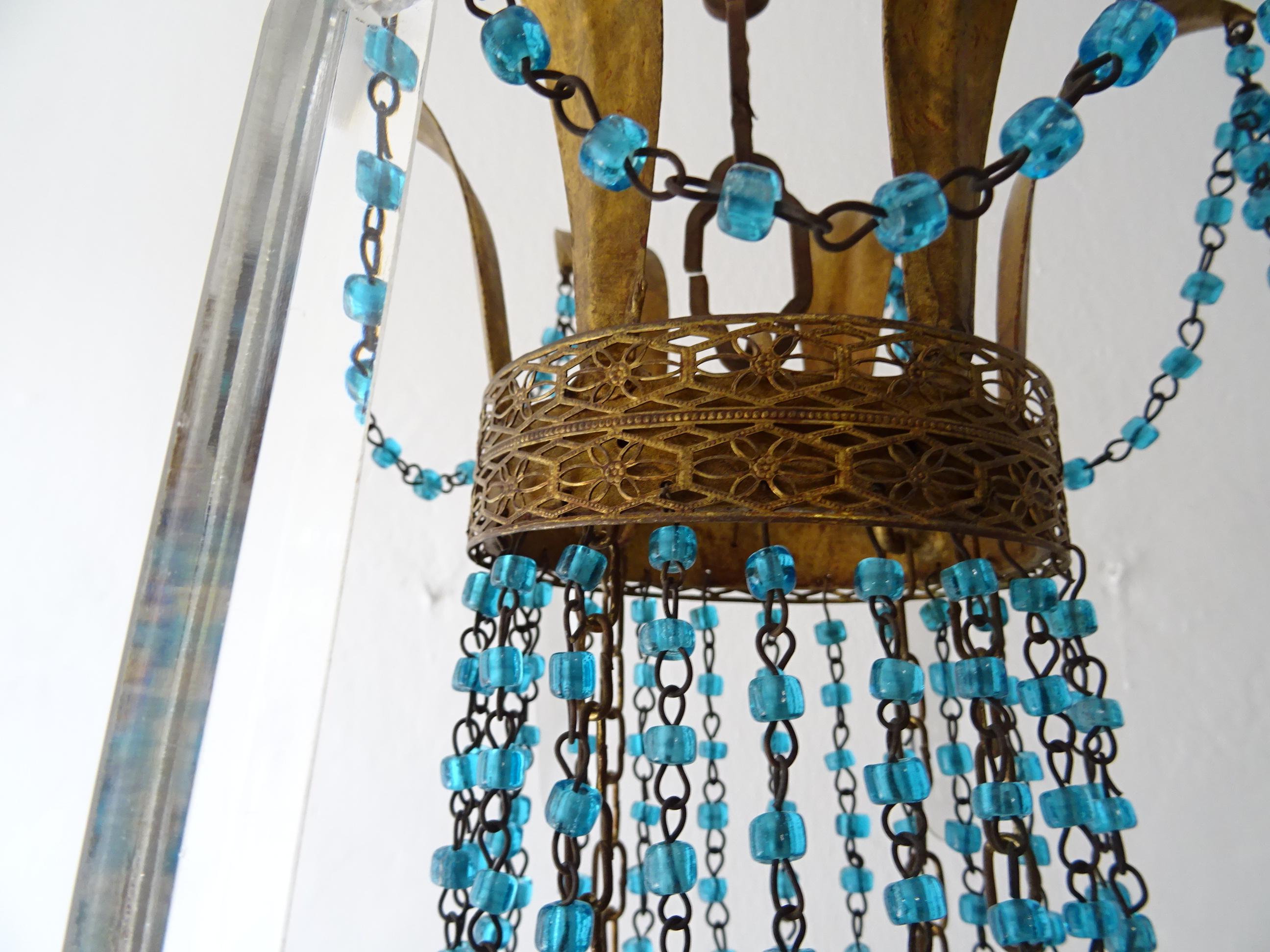 Italian Empire Blue Glass Beads Crystal Prisms Tole Chandelier, c 1900 For Sale 7