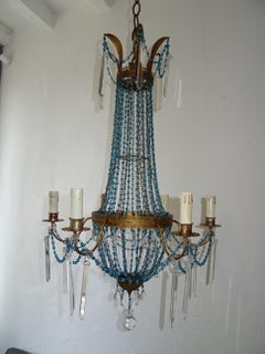 Italian Empire Blue Glass Beads Crystal Prisms Tole Chandelier, c 1900