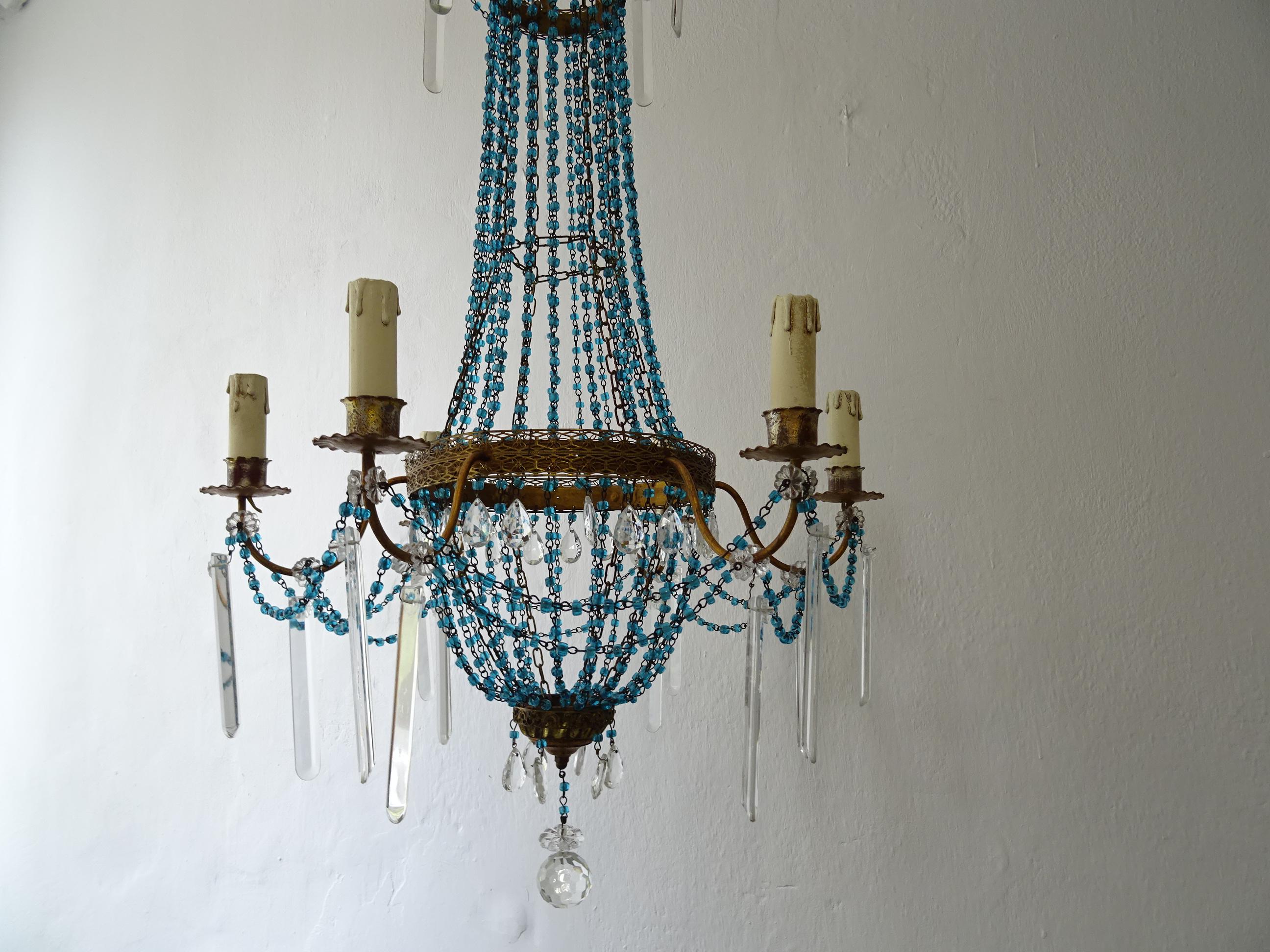 Italian Empire Blue Glass Beads Crystal Prisms Tole Chandelier, c 1900 In Good Condition For Sale In Modena (MO), Modena (Mo)