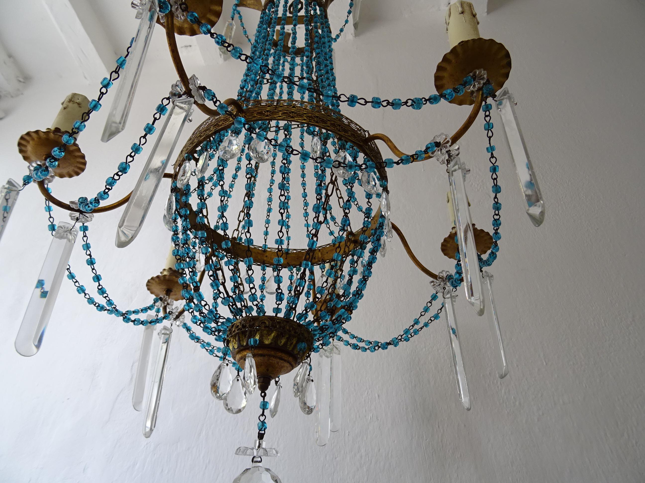 Early 20th Century Italian Empire Blue Glass Beads Crystal Prisms Tole Chandelier, c 1900 For Sale