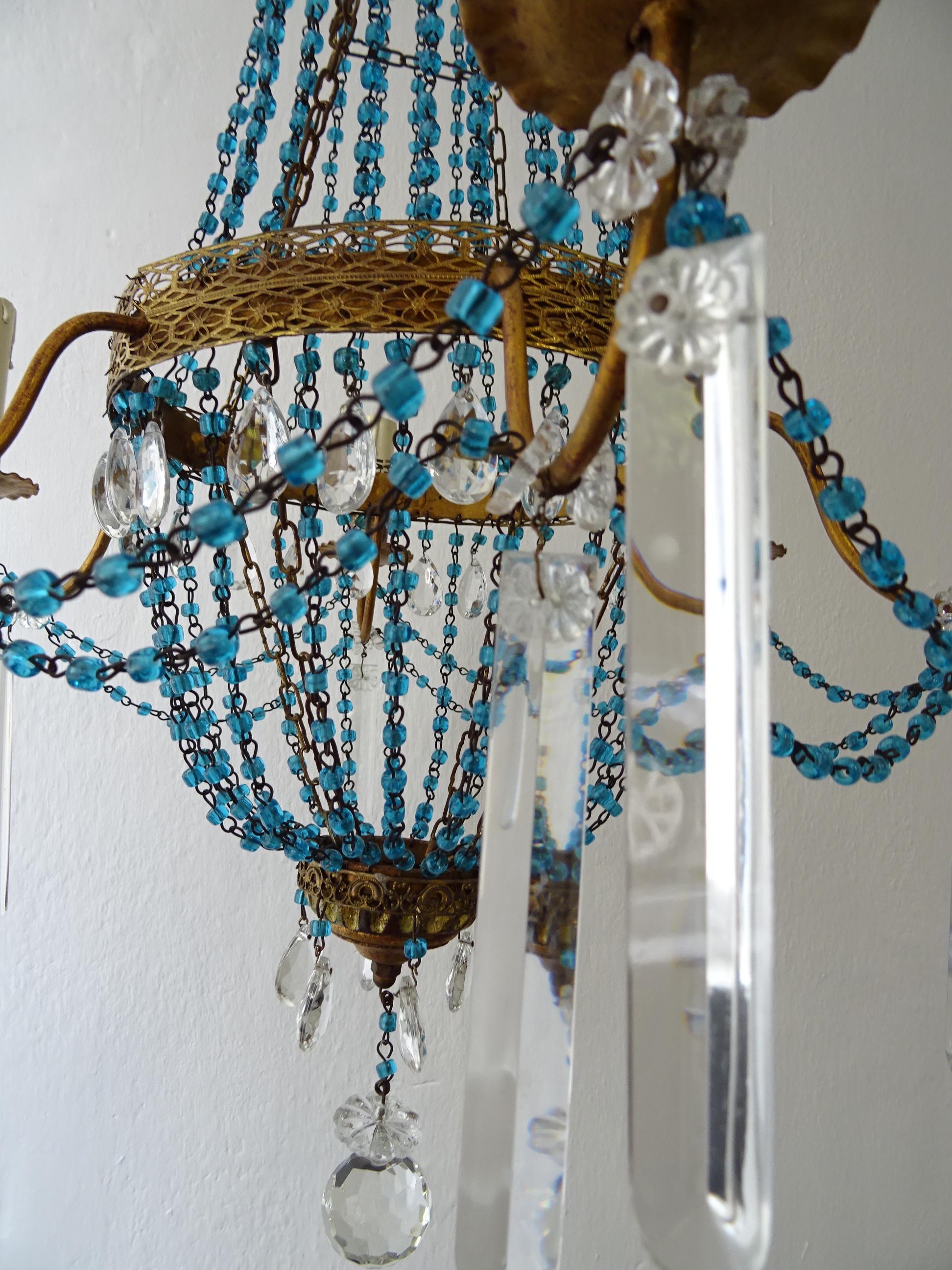 Italian Empire Blue Glass Beads Crystal Prisms Tole Chandelier, c 1900 For Sale 1