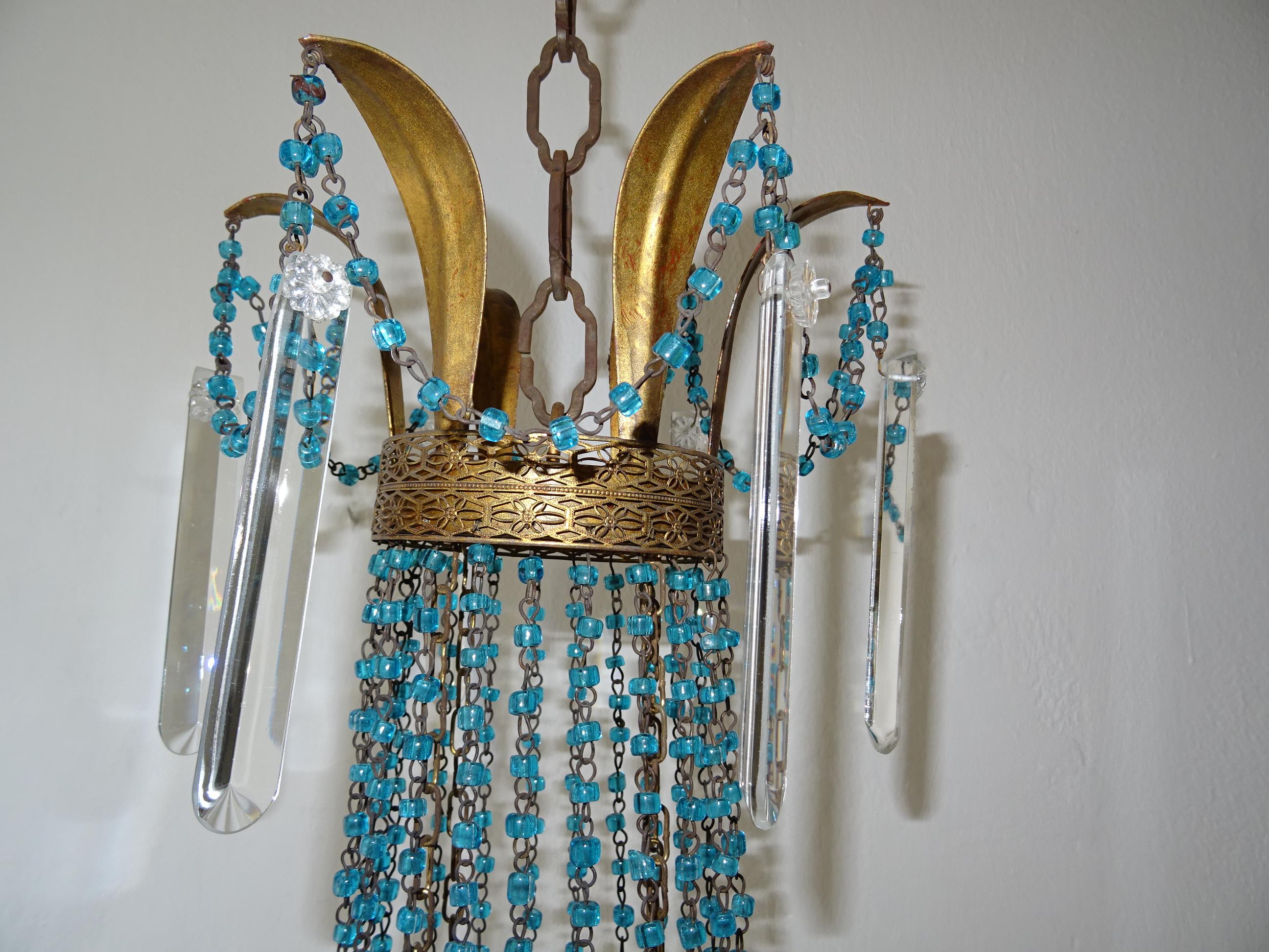 Italian Empire Blue Glass Beads Crystal Prisms Tole Chandelier, c 1900 For Sale 2