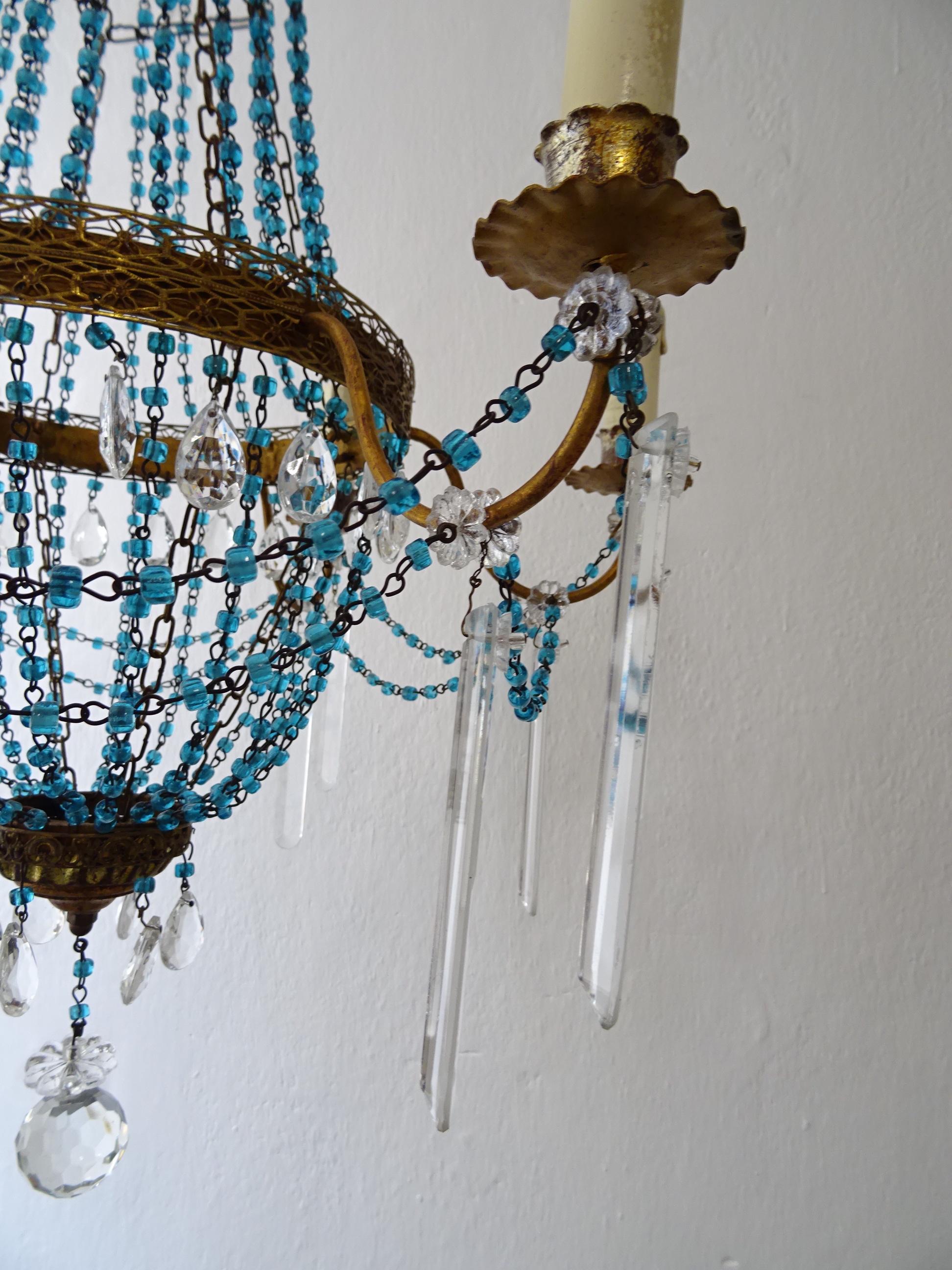 Italian Empire Blue Glass Beads Crystal Prisms Tole Chandelier, c 1900 For Sale 4