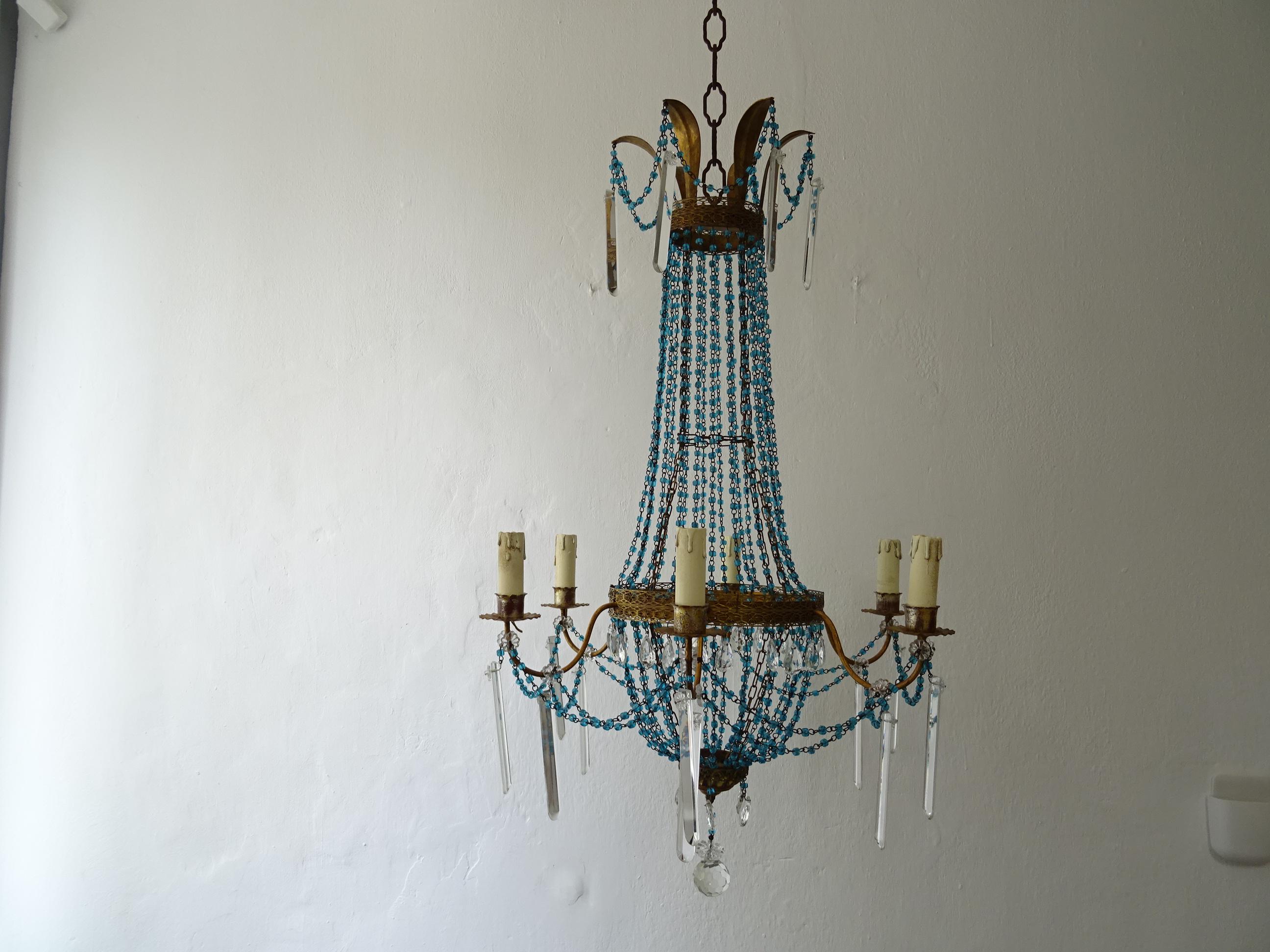 Italian Empire Blue Glass Beads Crystal Prisms Tole Chandelier, c 1900 For Sale 5