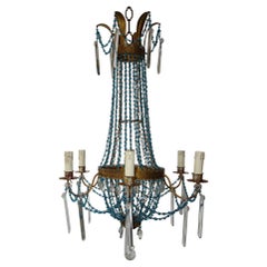 Italian Empire Blue Glass Beads Crystal Prisms Tole Chandelier, c 1900