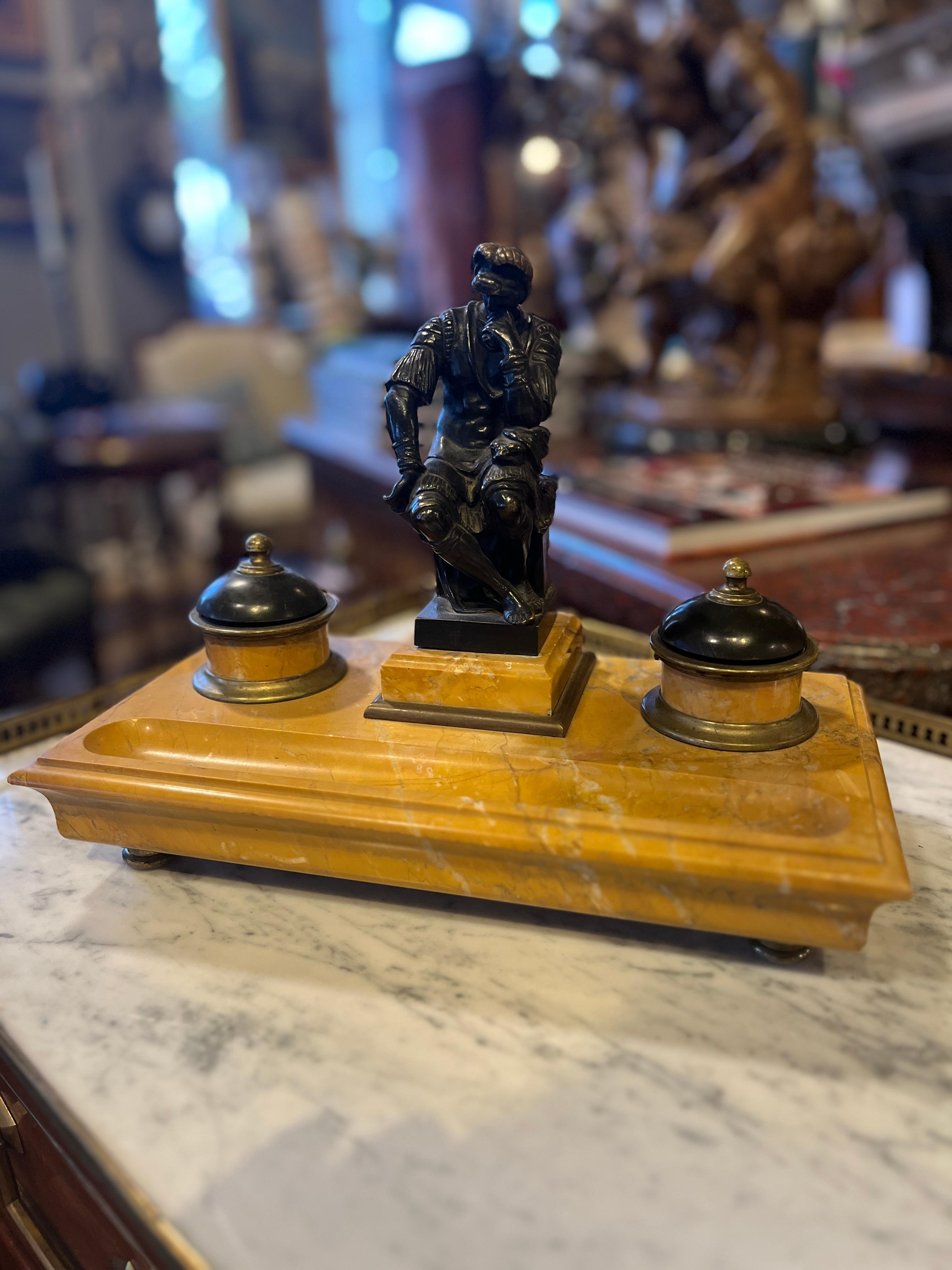 French Italian Empire Bronze Sienna Marble Ink Well For Sale