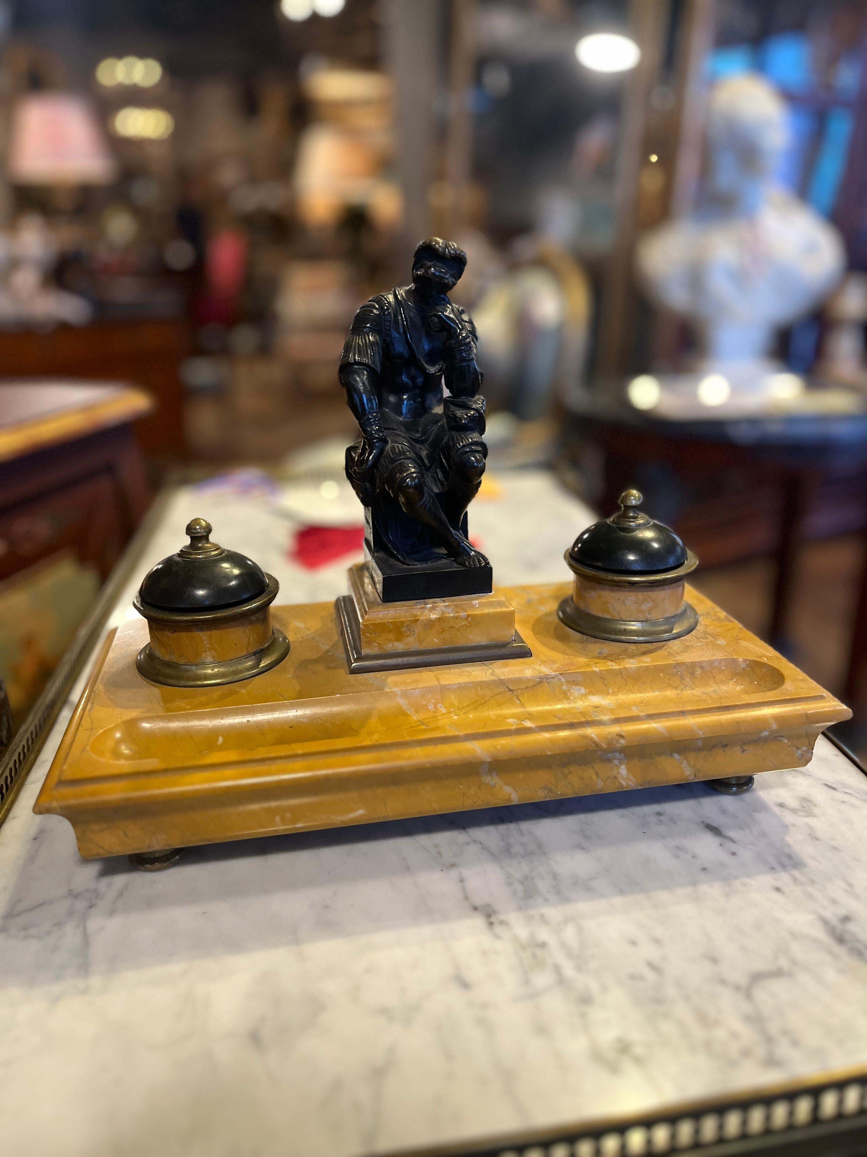19th Century Italian Empire Bronze Sienna Marble Ink Well For Sale