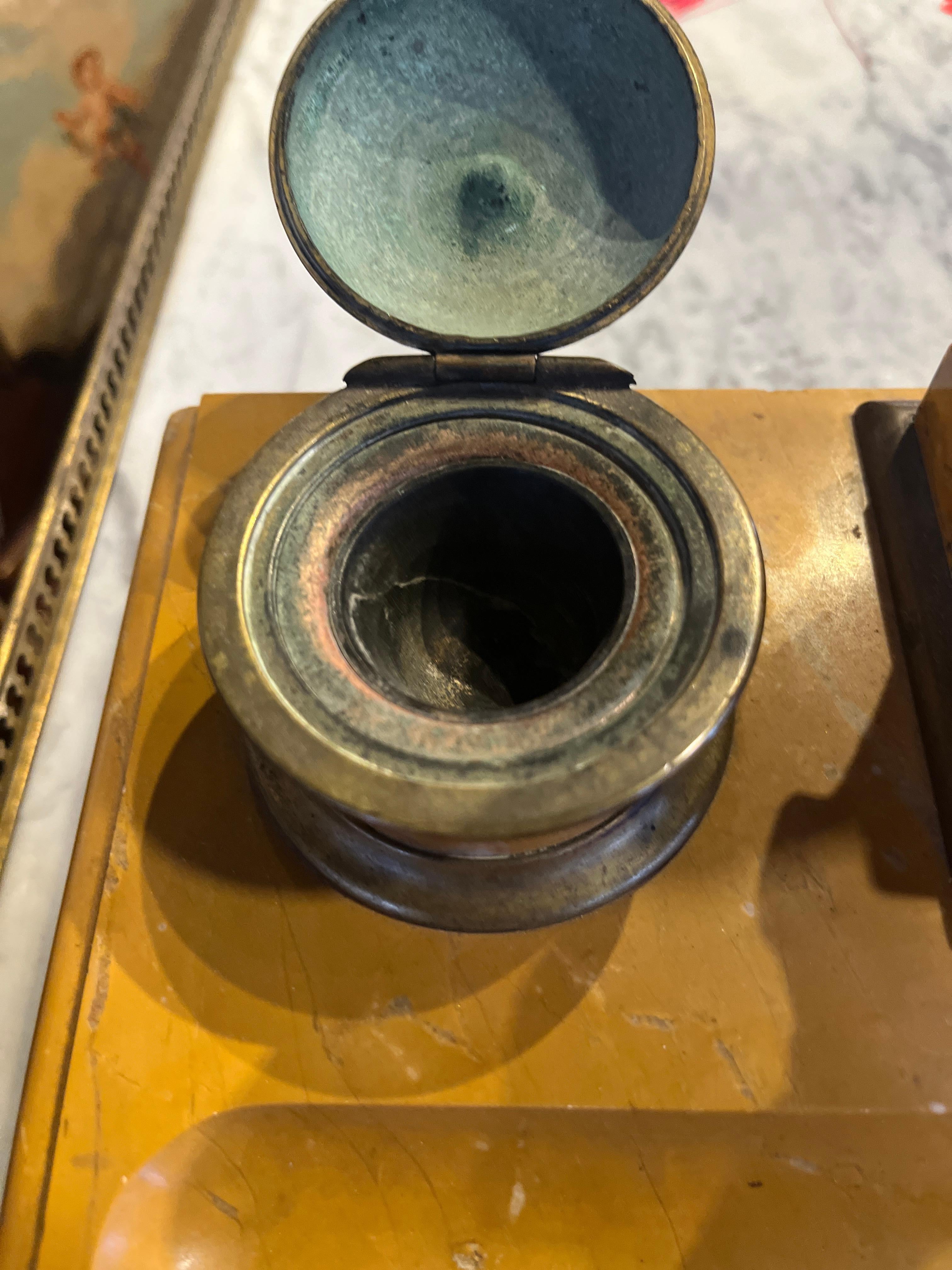 Italian Empire Bronze Sienna Marble Ink Well For Sale 3