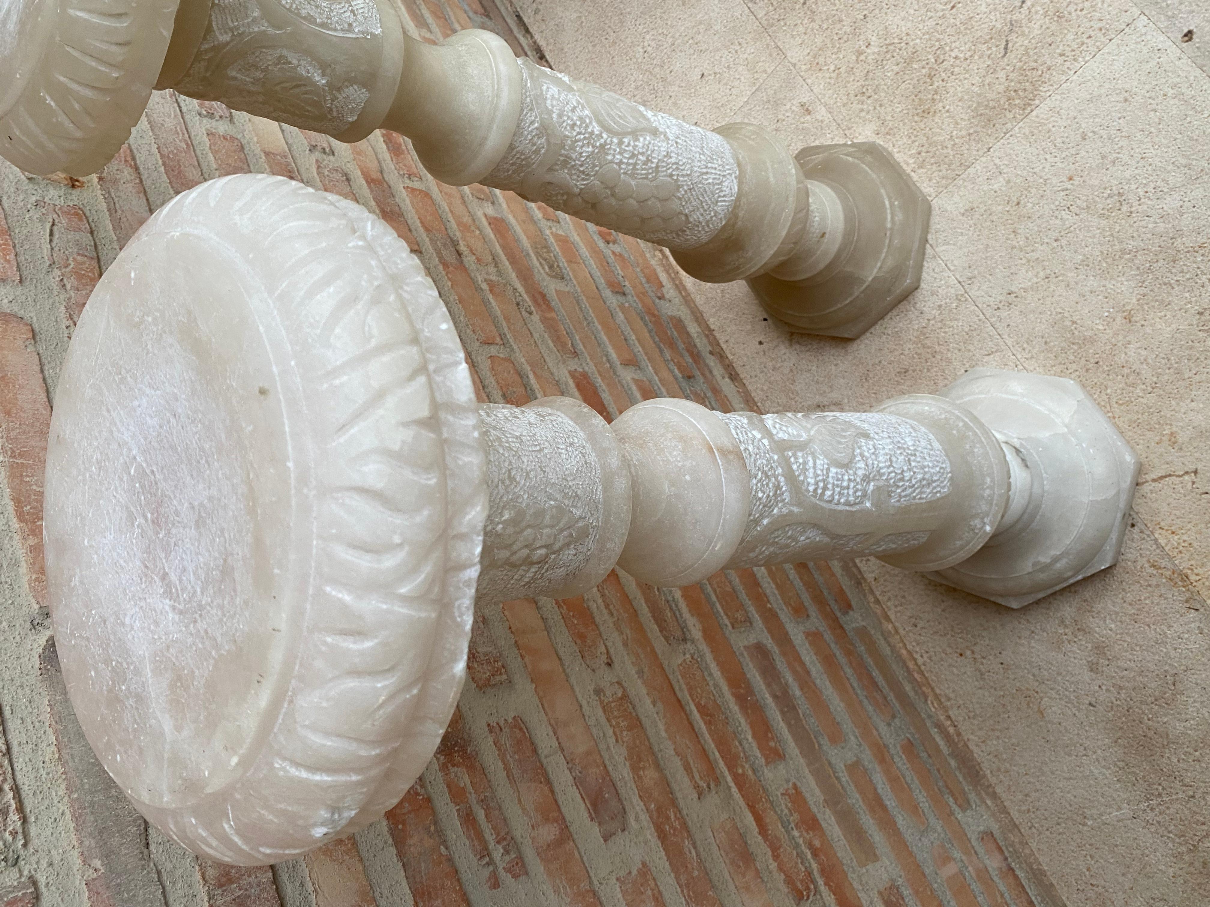 Baroque Italian Empire Carved Carrara Marble Pedestal Tables, 1890s, Set of 2 For Sale