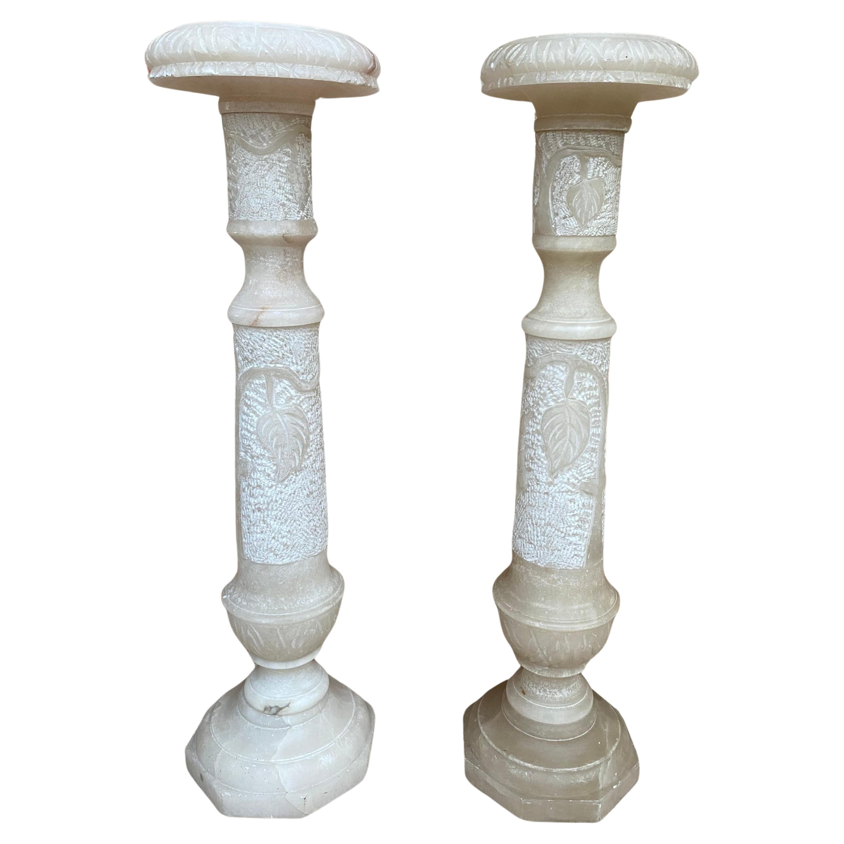 Italian Empire Carved Carrara Marble Pedestal Tables, 1890s, Set of 2