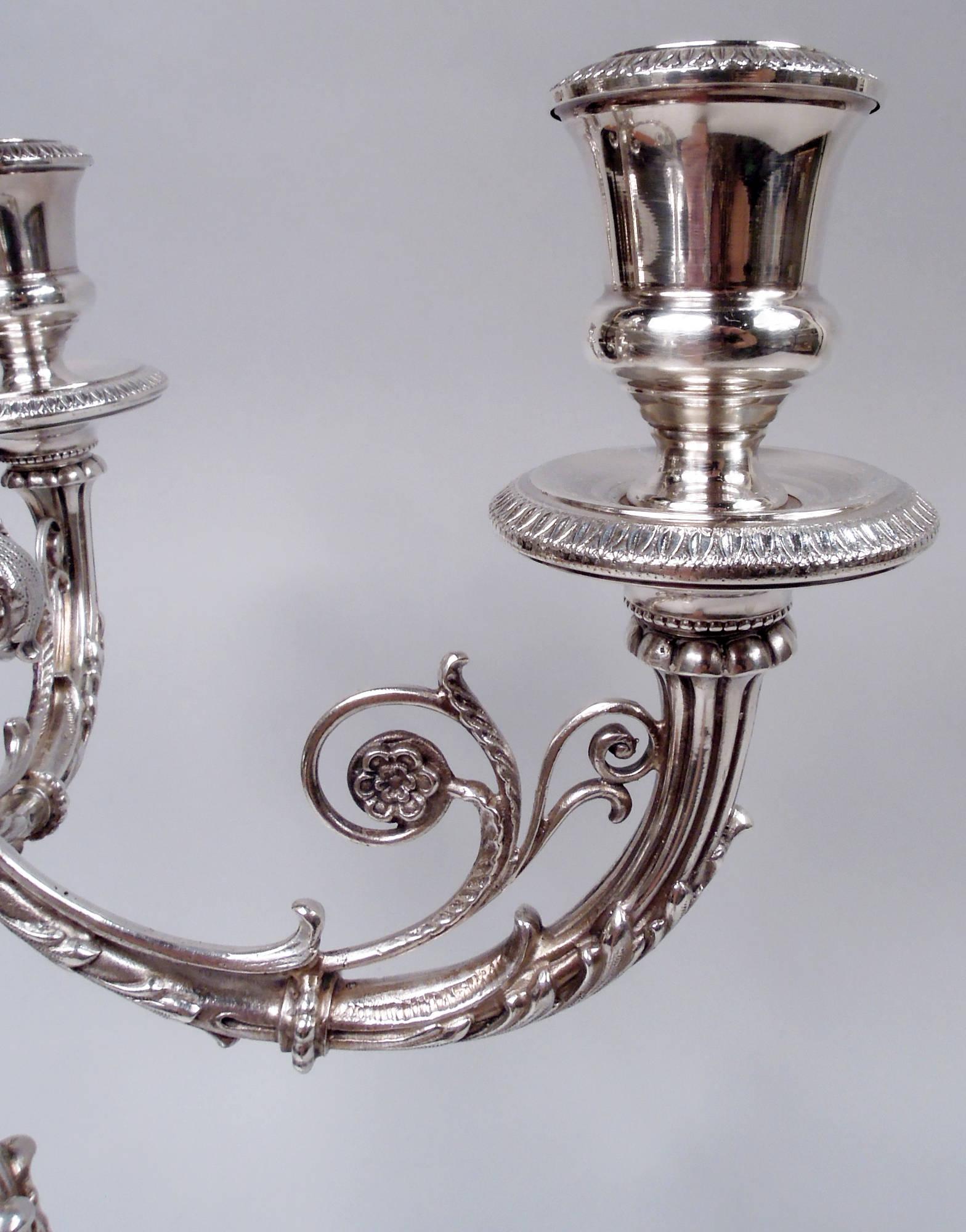 20th Century Italian Empire Classical Sterling Silver 5-Light Candelabrum For Sale