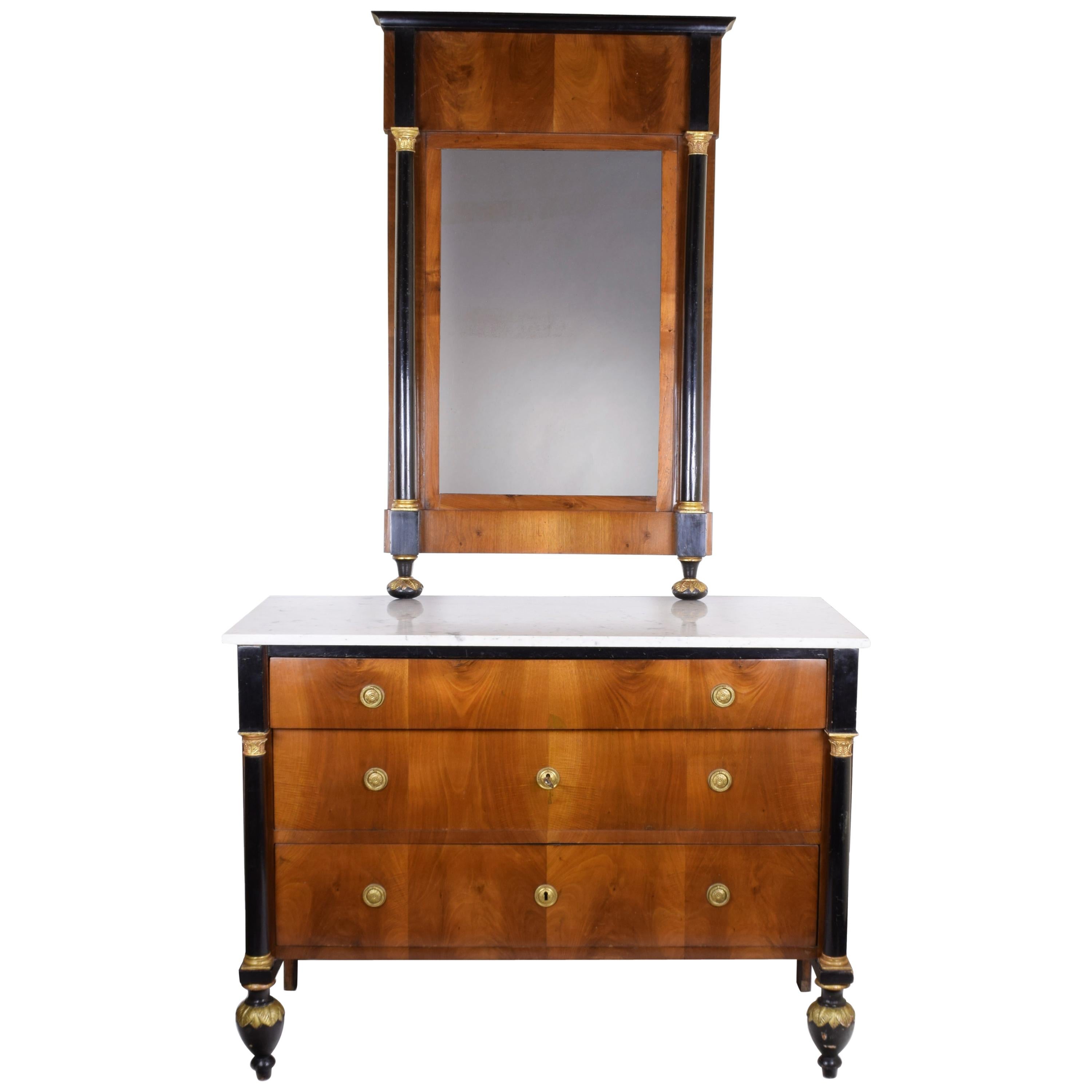 Italian Empire Commode in Walnut with Black Columns Mirror White Carrara Marble