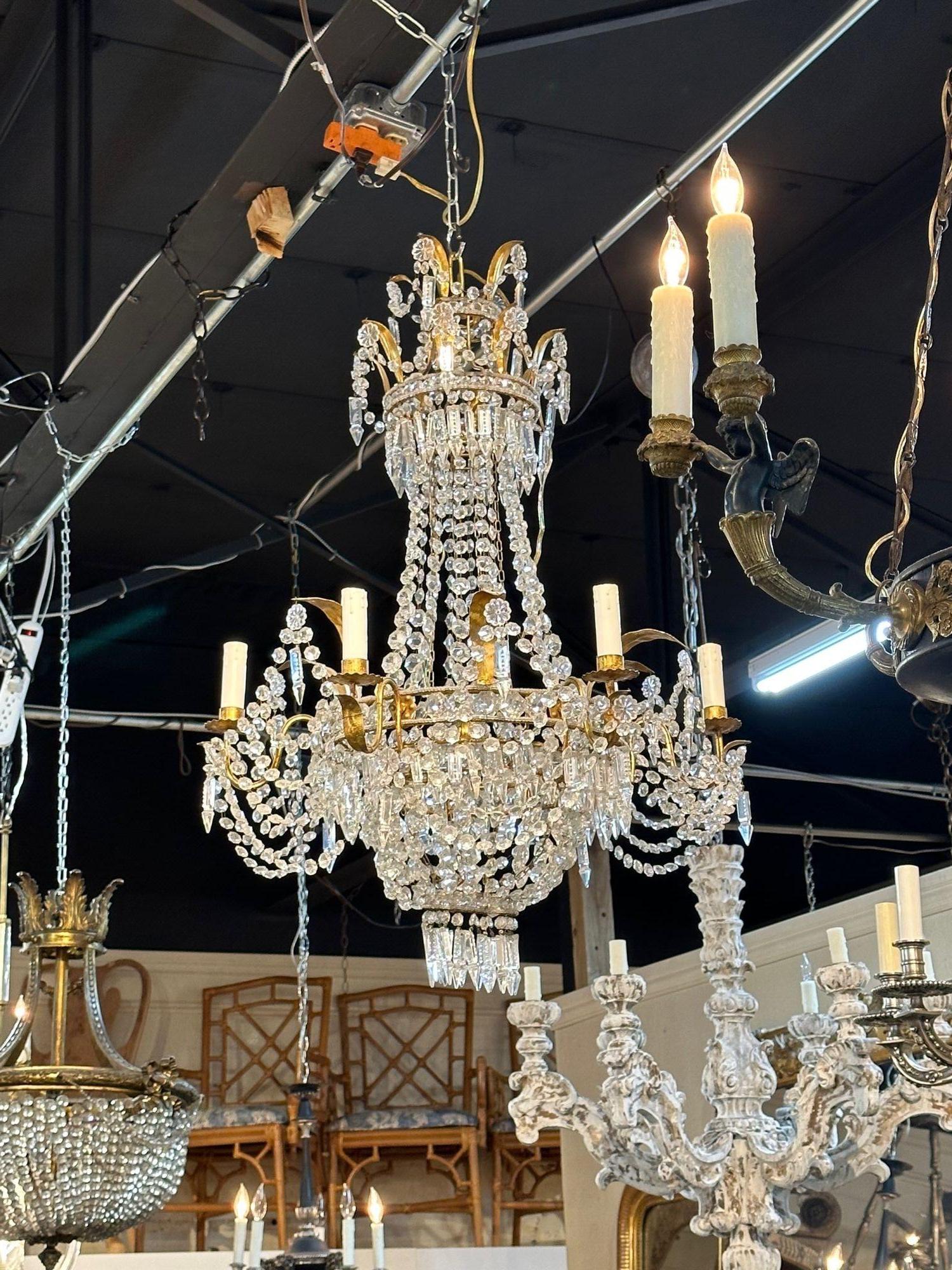 Early 20th century Italian empire crystal basket form chandelier. circa 1920. The sconces have been professionally rewired and ready to hang.