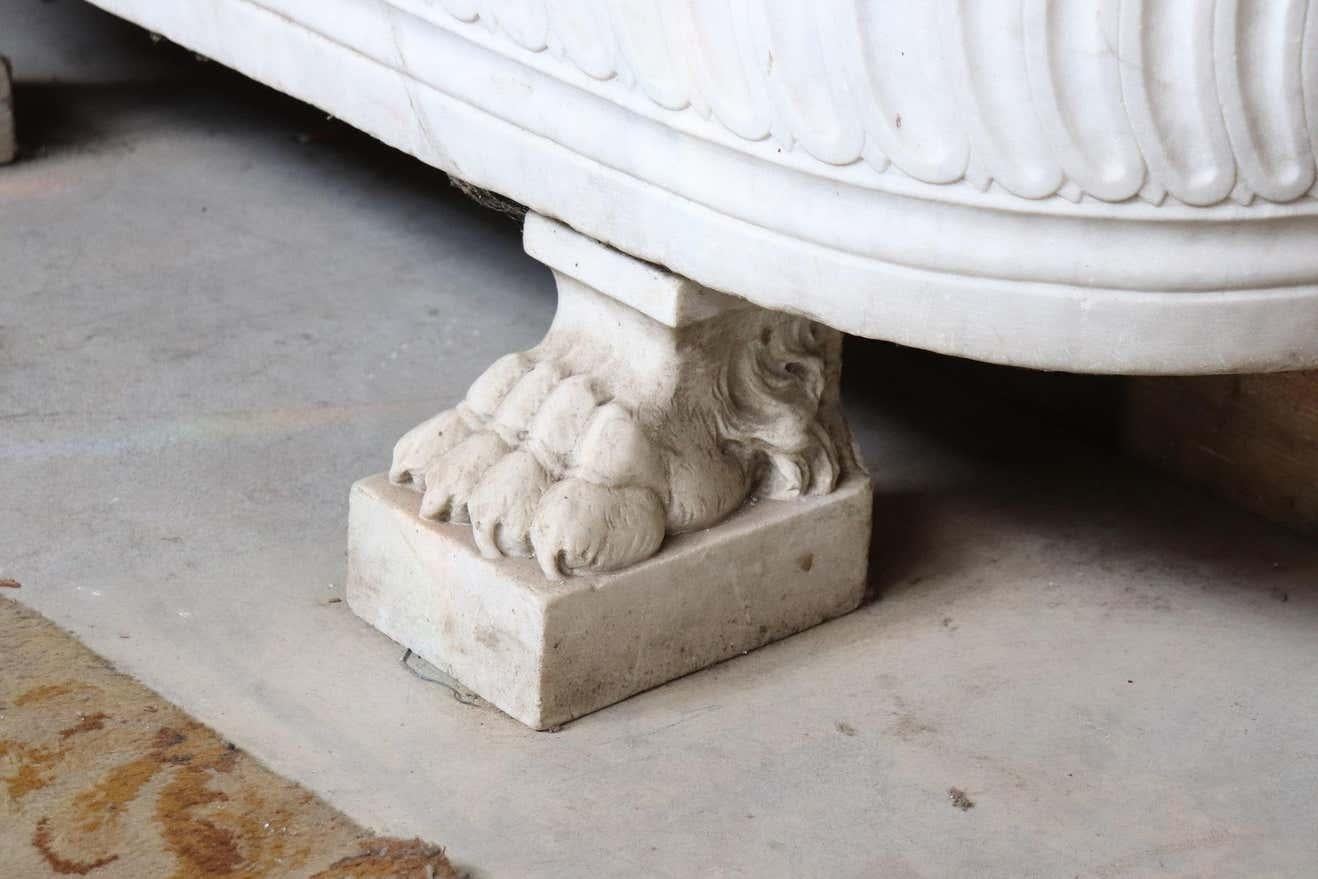 Hand-Carved Italian Empire Hand Carved White Carrara Marble Bathtub with Lion Heads