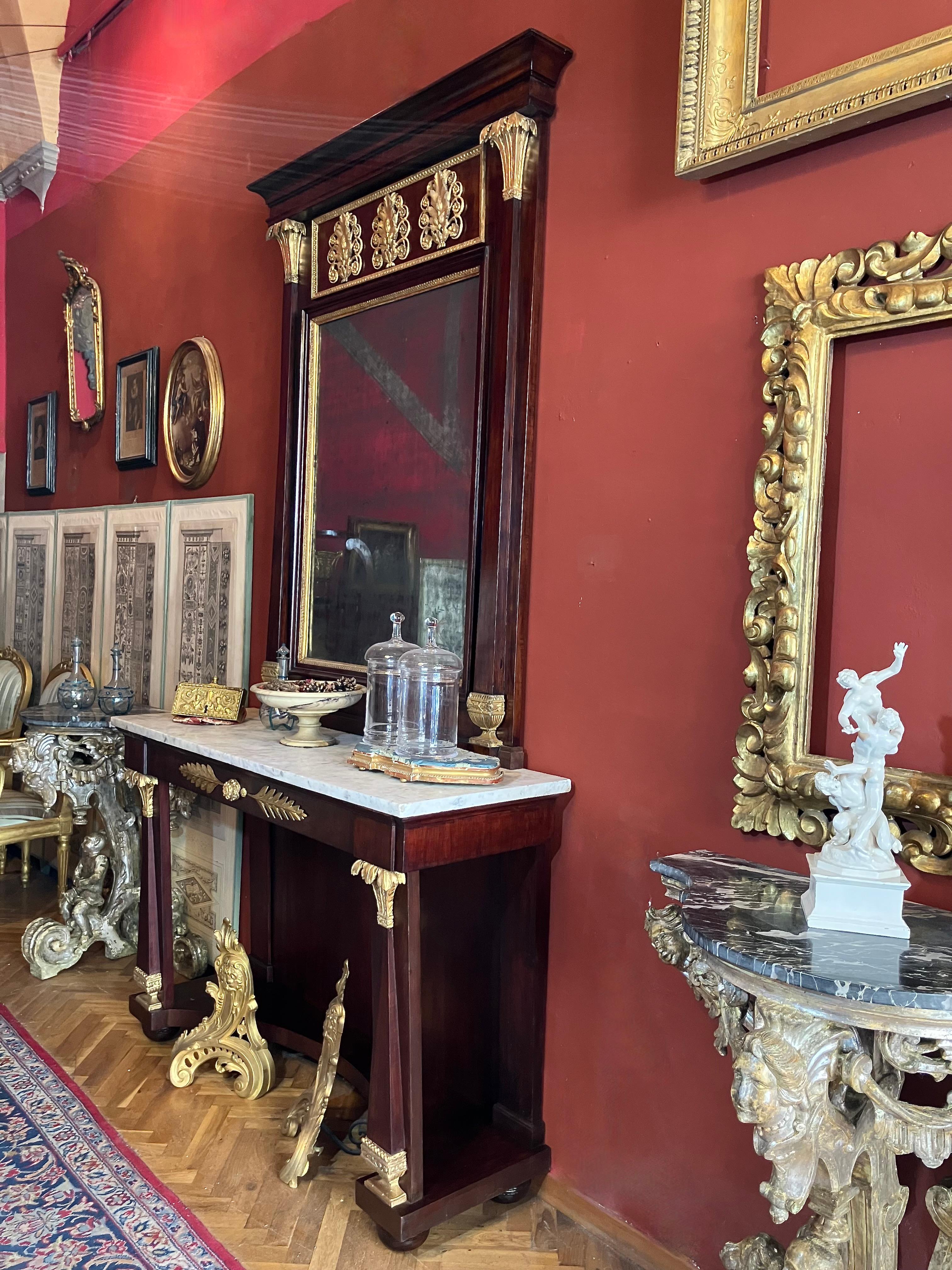 Italian Empire Mahogany and Parcel Gilt Console with Mirror, Carrara Marble Top For Sale 8