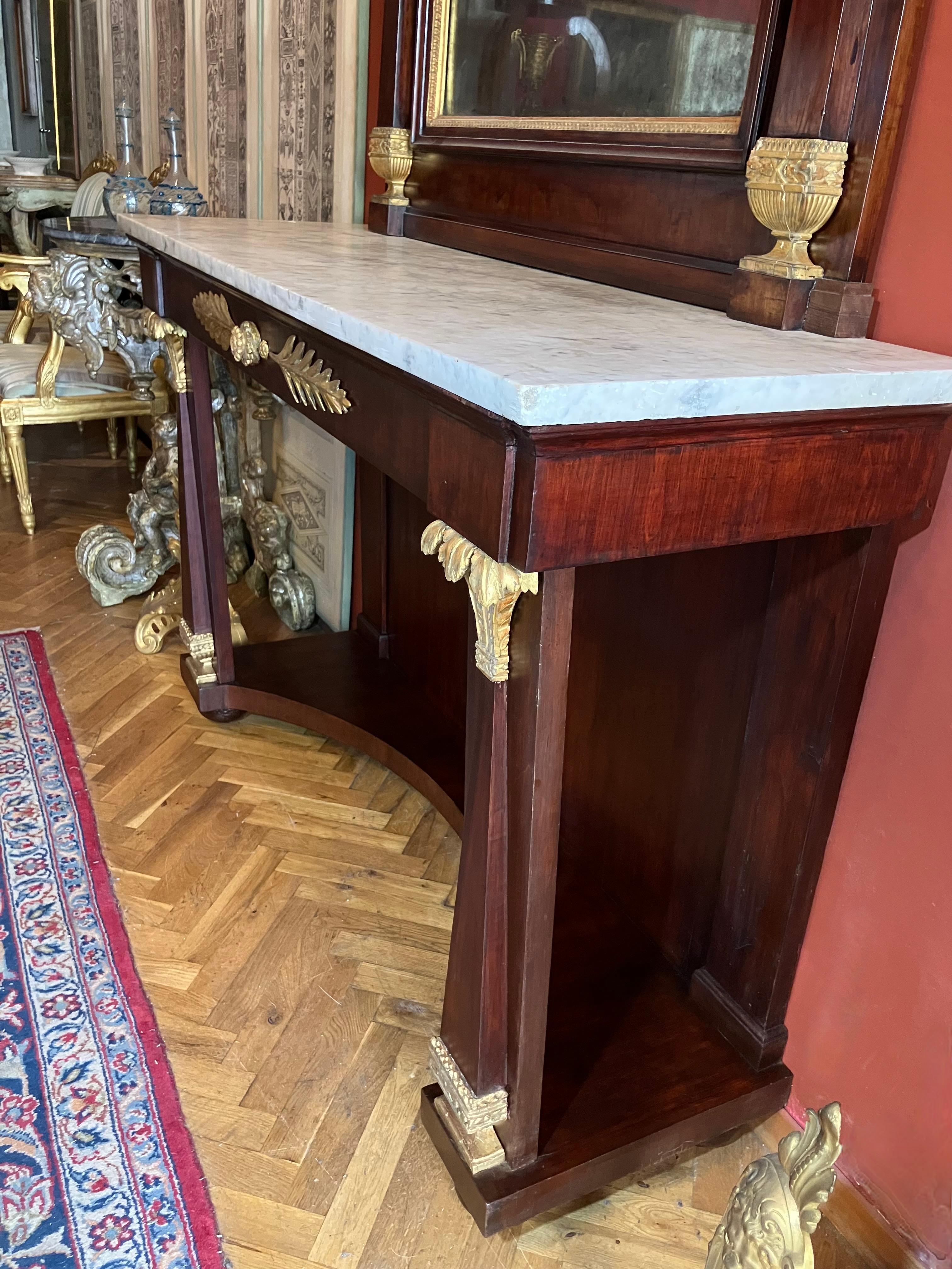 Italian Empire Mahogany and Parcel Gilt Console with Mirror, Carrara Marble Top For Sale 10