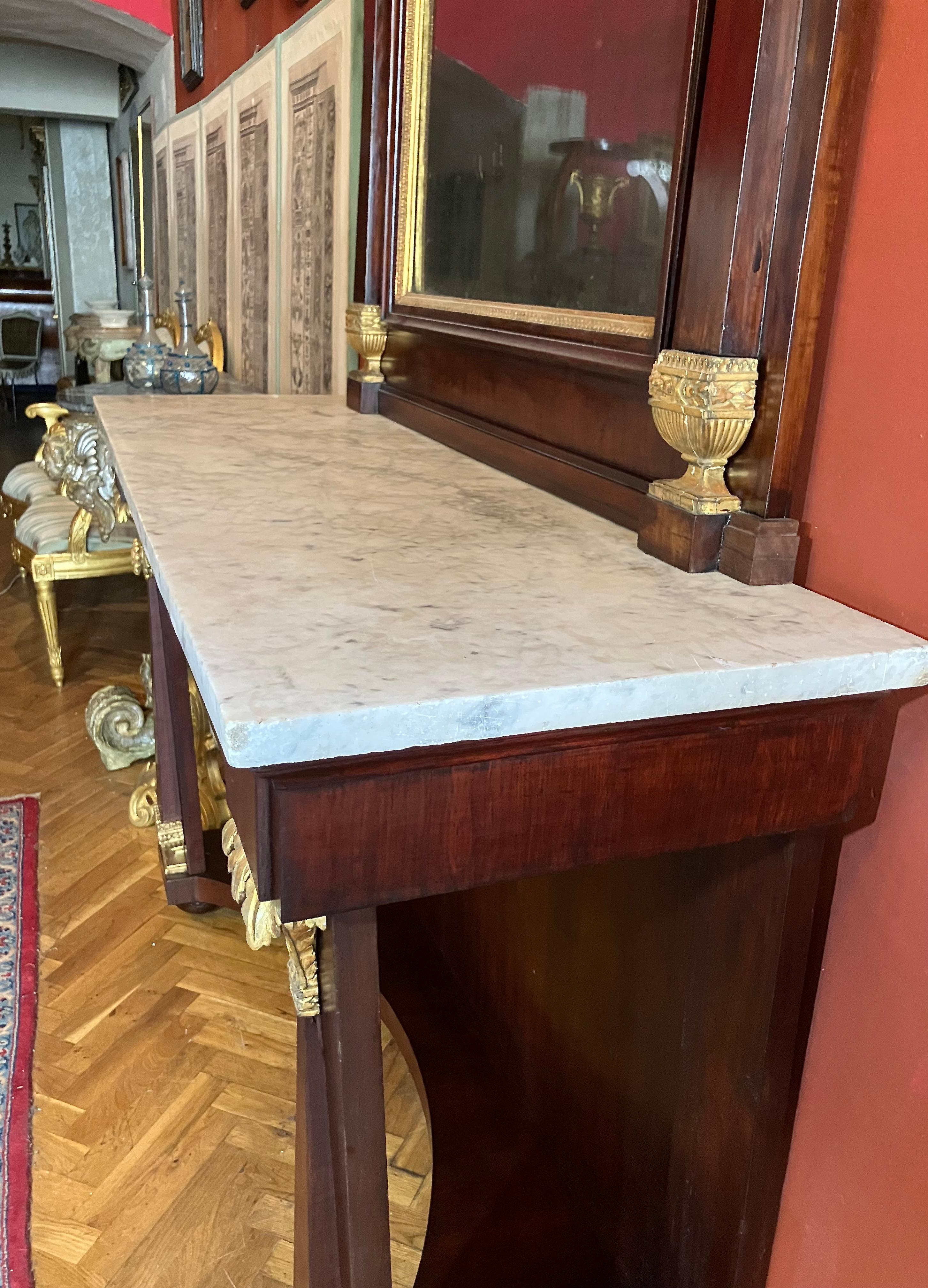 Italian Empire Mahogany and Parcel Gilt Console with Mirror, Carrara Marble Top For Sale 11