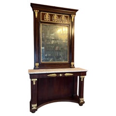 Italian Empire Mahogany and Parcel Gilt Console with Mirror, Carrara Marble Top