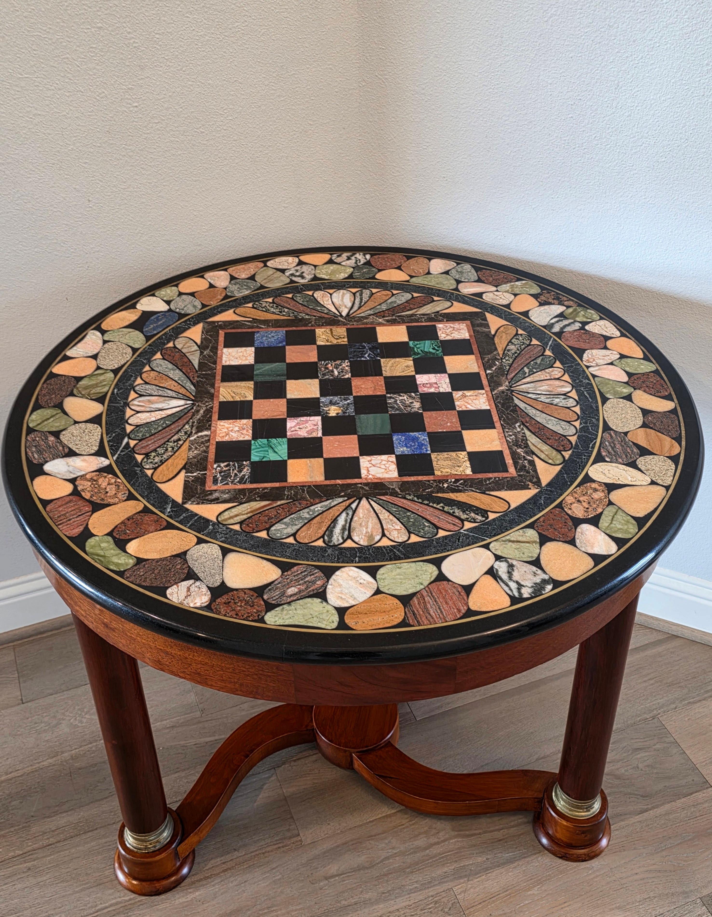 Inlay Italian Empire Mahogany Center Table Grand Tour Specimen Marble Chessboard Top For Sale