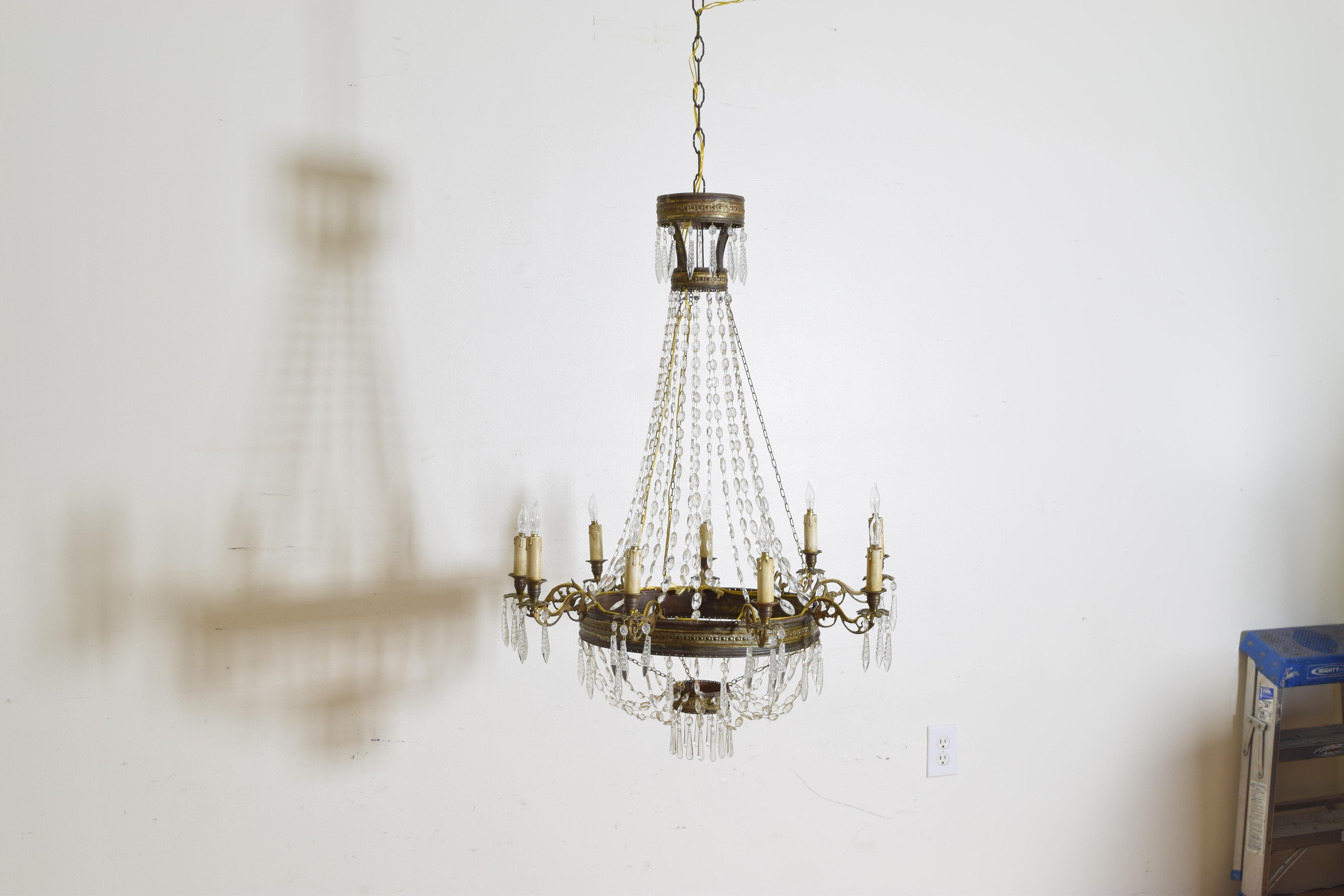 19th Century Italian Empire Period Brass, Silvered Brass, and Glass 9-Light Chandelier