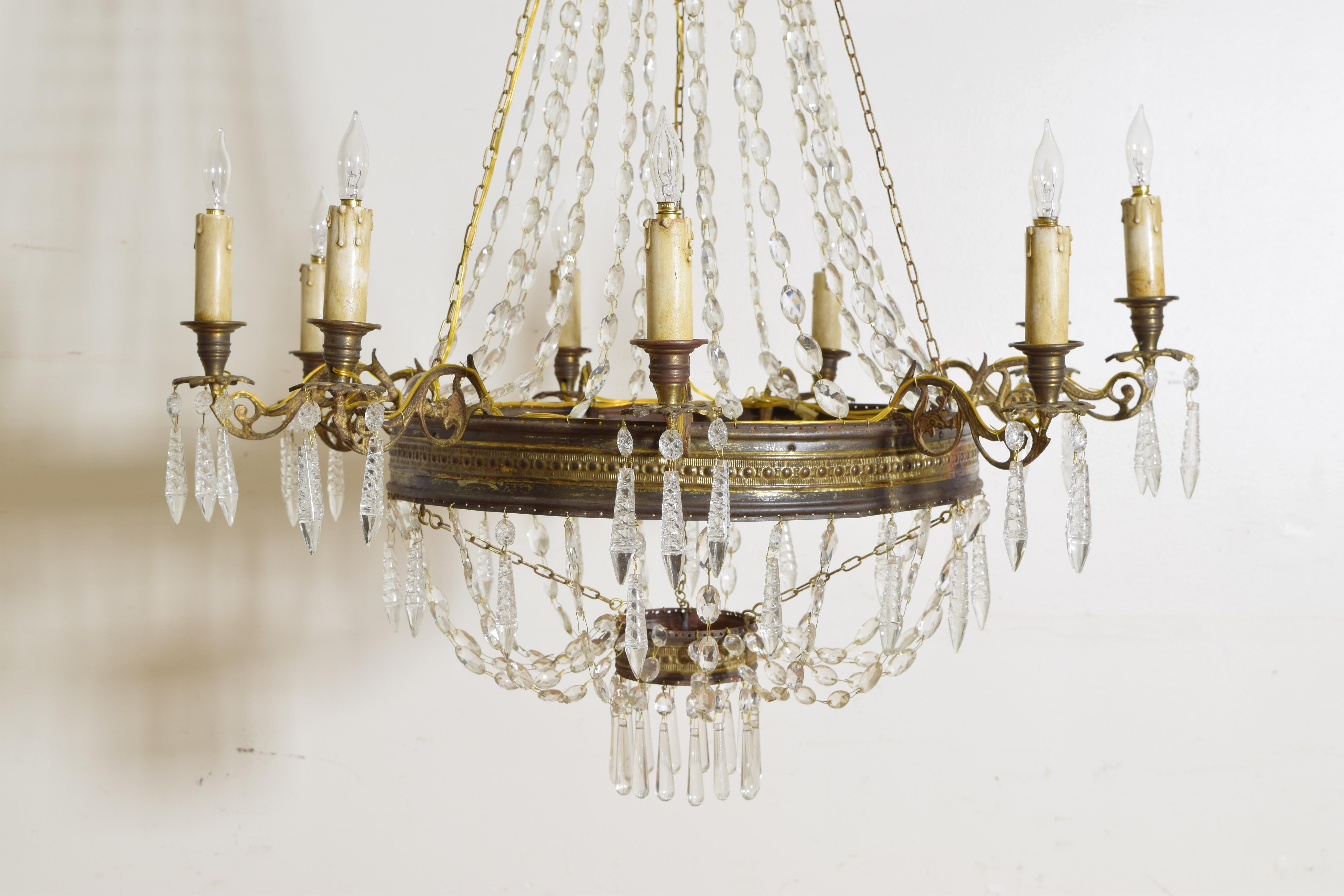 Italian Empire Period Brass, Silvered Brass, and Glass 9-Light Chandelier (Messing)
