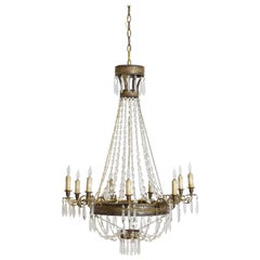 Italian Empire Period Brass, Silvered Brass, and Glass 9-Light Chandelier