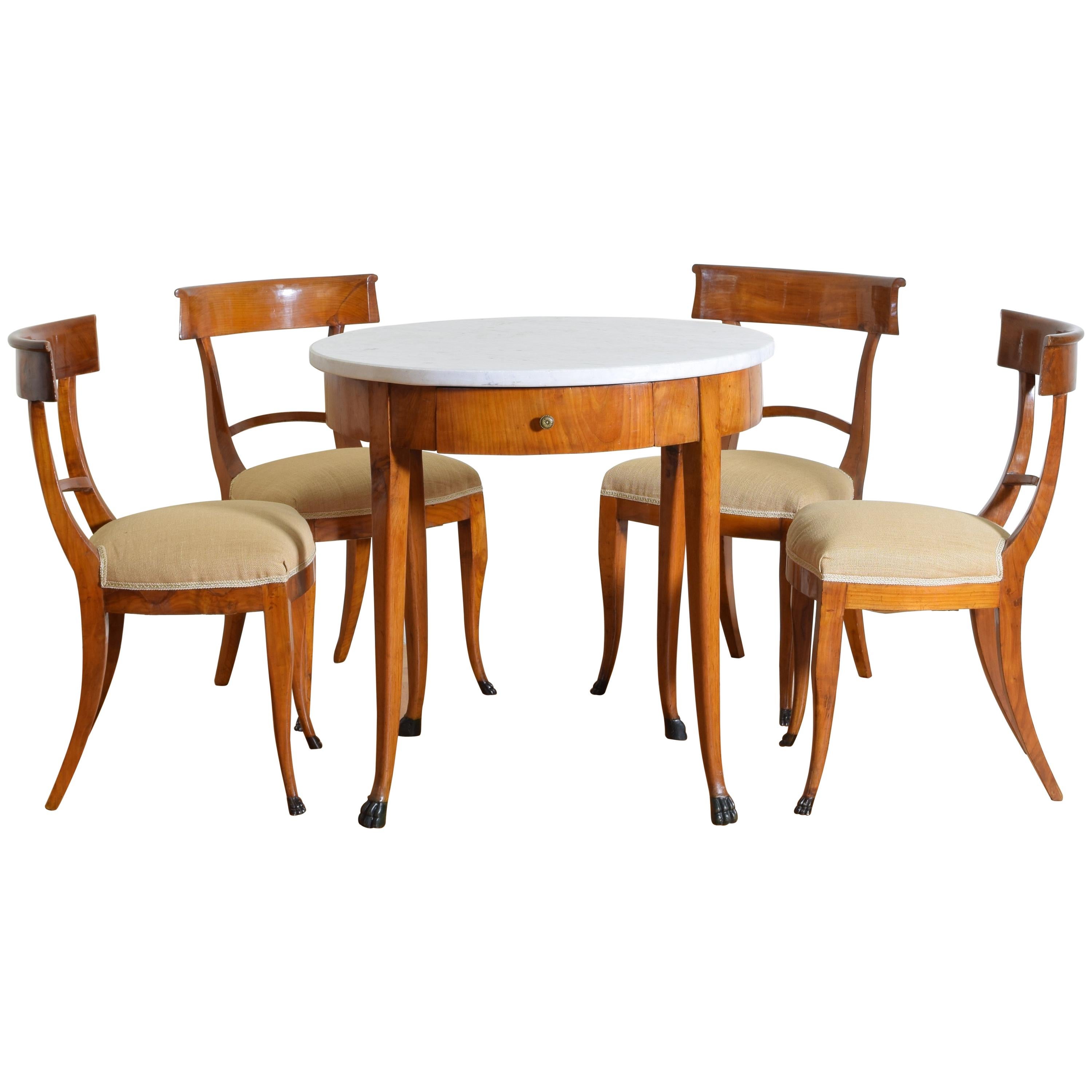 Italian Empire Period Cherrywood, Ebonized and Marble Table and Chairs