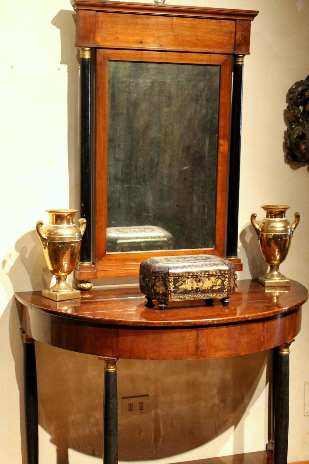 Italian Empire Period Walnut and Ebonized Demilune Console Tables with Mirrors For Sale 6