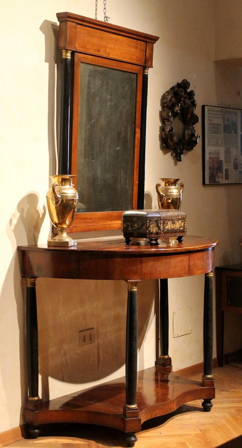 Italian Empire Period Walnut and Ebonized Demilune Console Tables with Mirrors For Sale 9