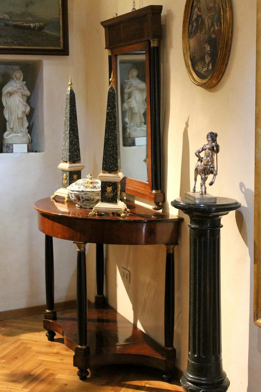 Italian Empire Period Walnut and Ebonized Demilune Console Tables with Mirrors For Sale 10