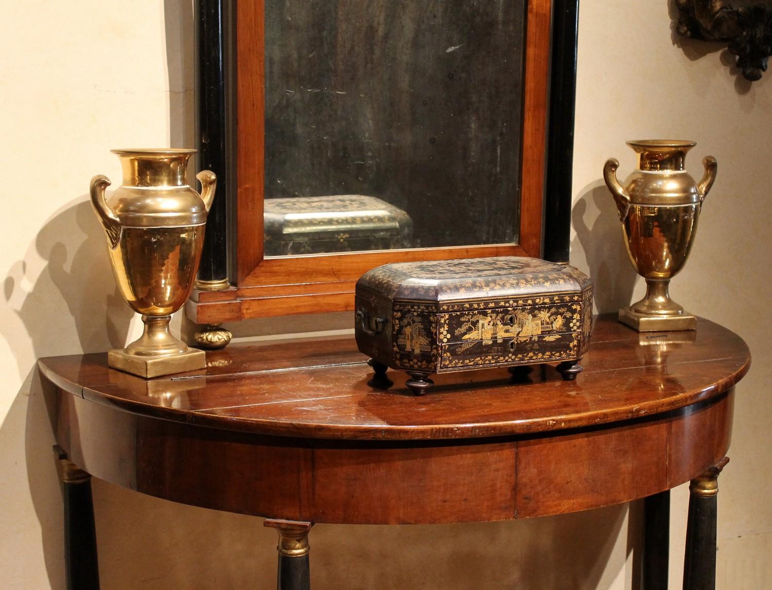 Italian Empire Period Walnut and Ebonized Demilune Console Tables with Mirrors For Sale 11
