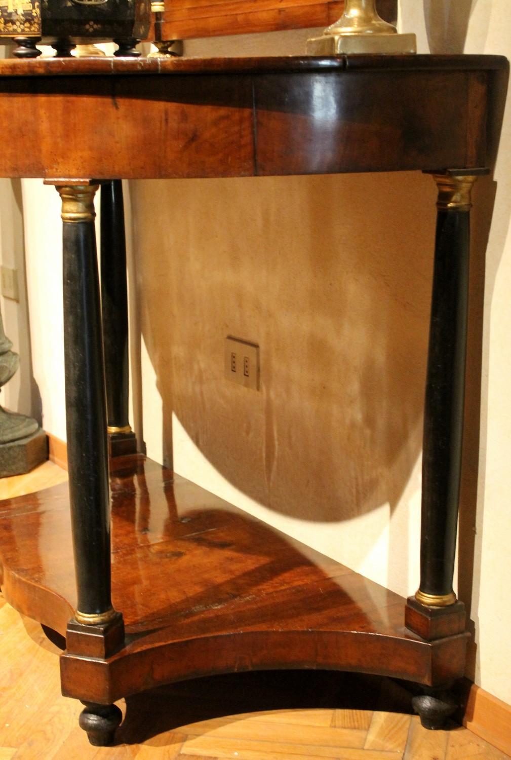 Italian Empire Period Walnut and Ebonized Demilune Console Tables with Mirrors For Sale 12