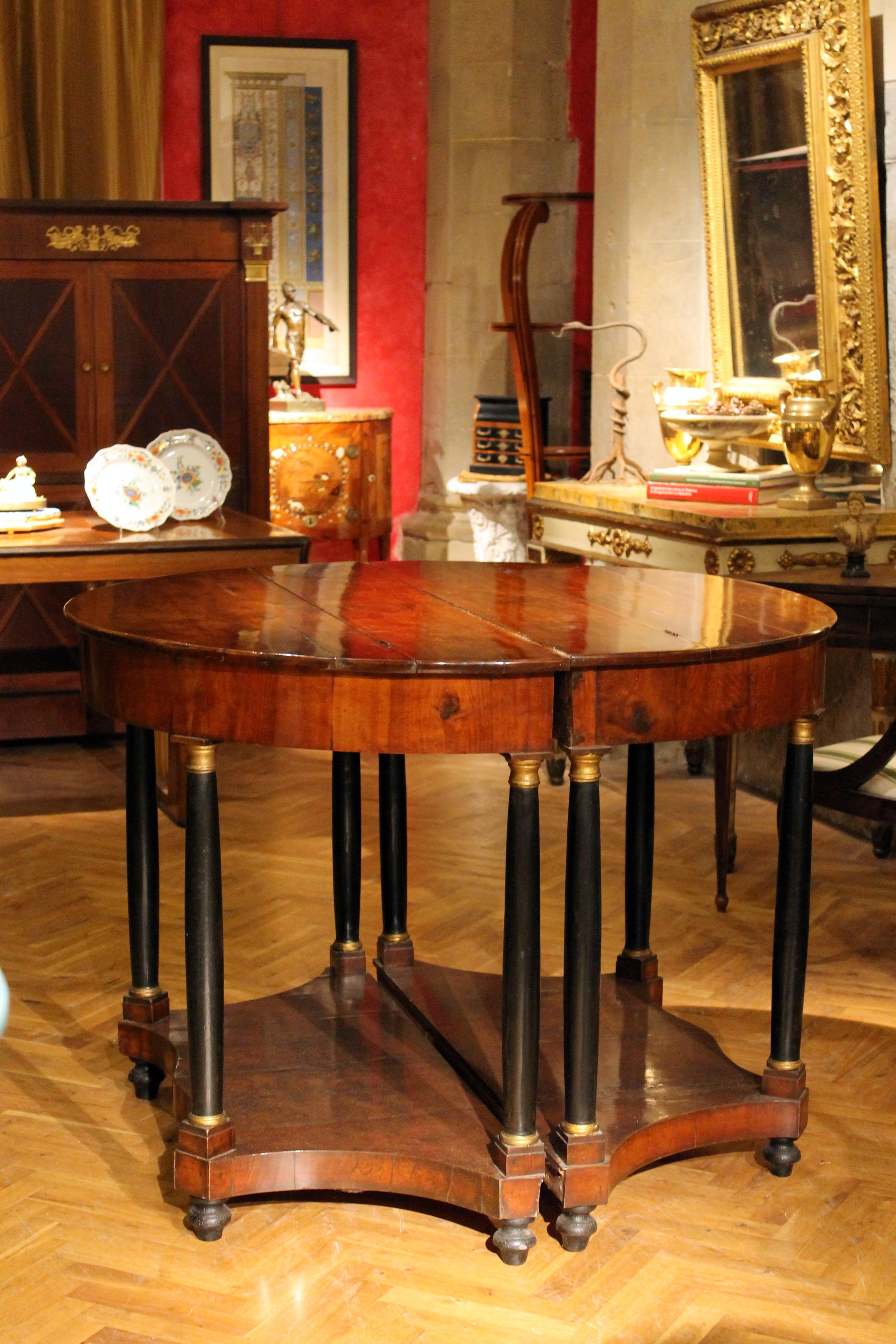 Italian Empire Period Walnut and Ebonized Demilune Console Tables with Mirrors For Sale 14