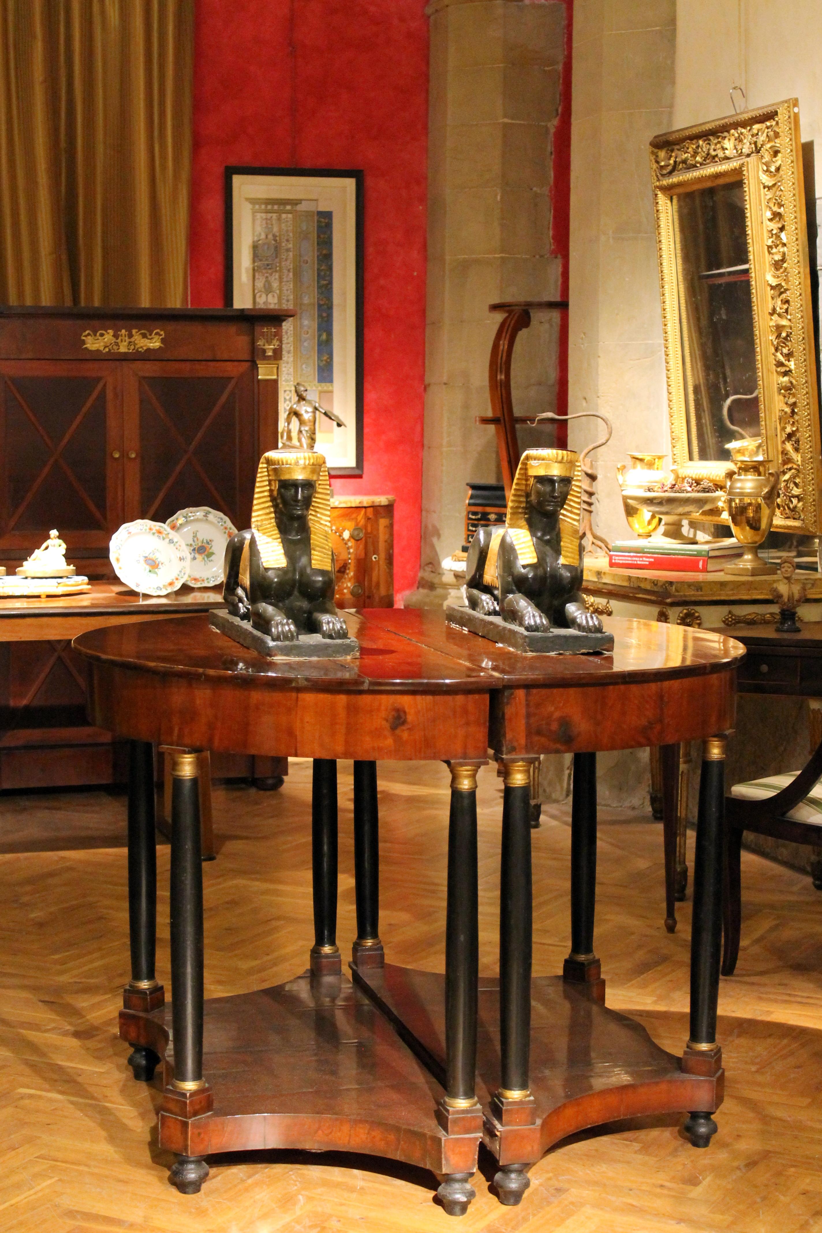 Ébénisé Console demi-lune italienne d'époque Empire en noyer et ébène avec miroirs en vente