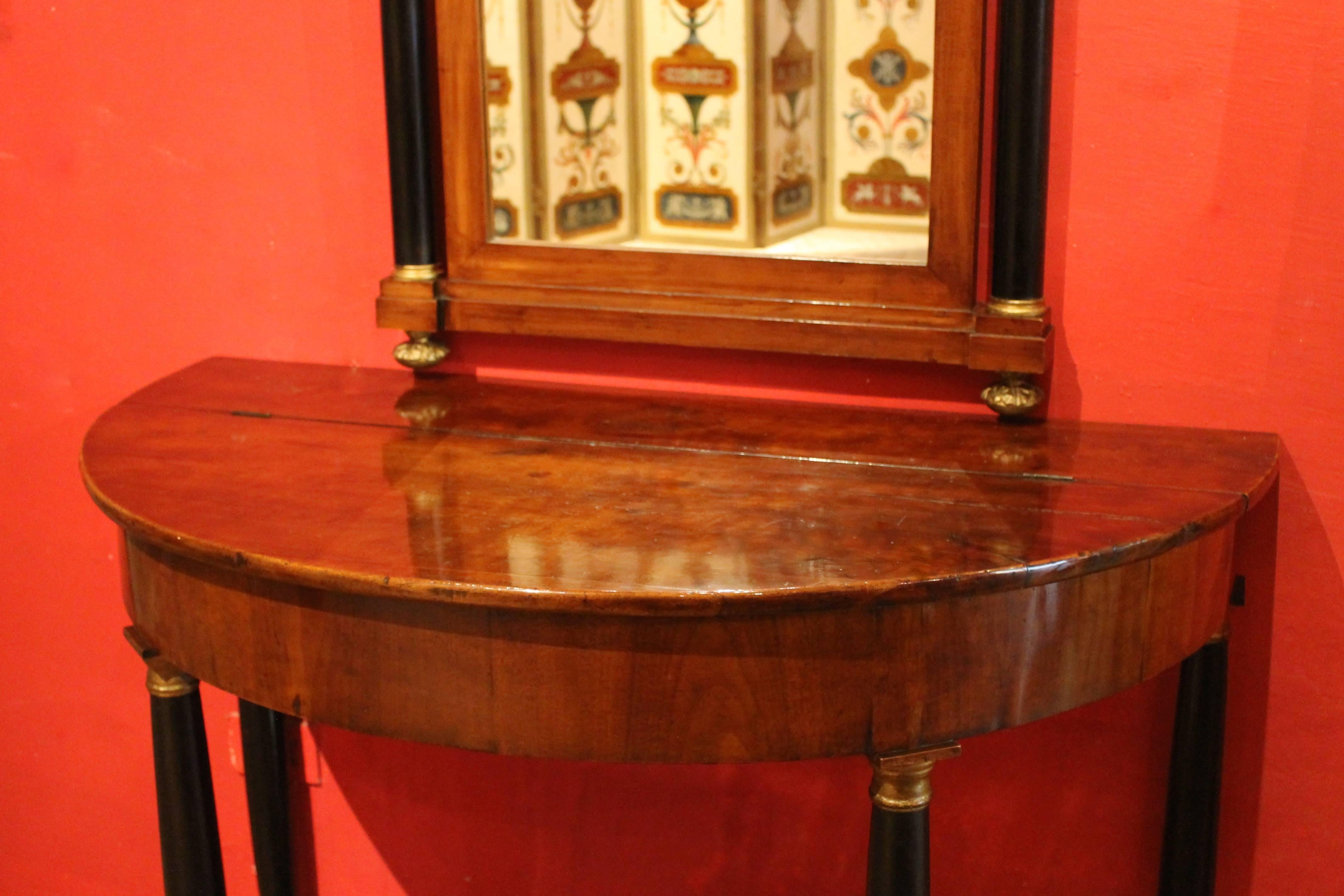 19th Century Italian Empire Period Walnut and Ebonized Demilune Console Tables with Mirrors For Sale