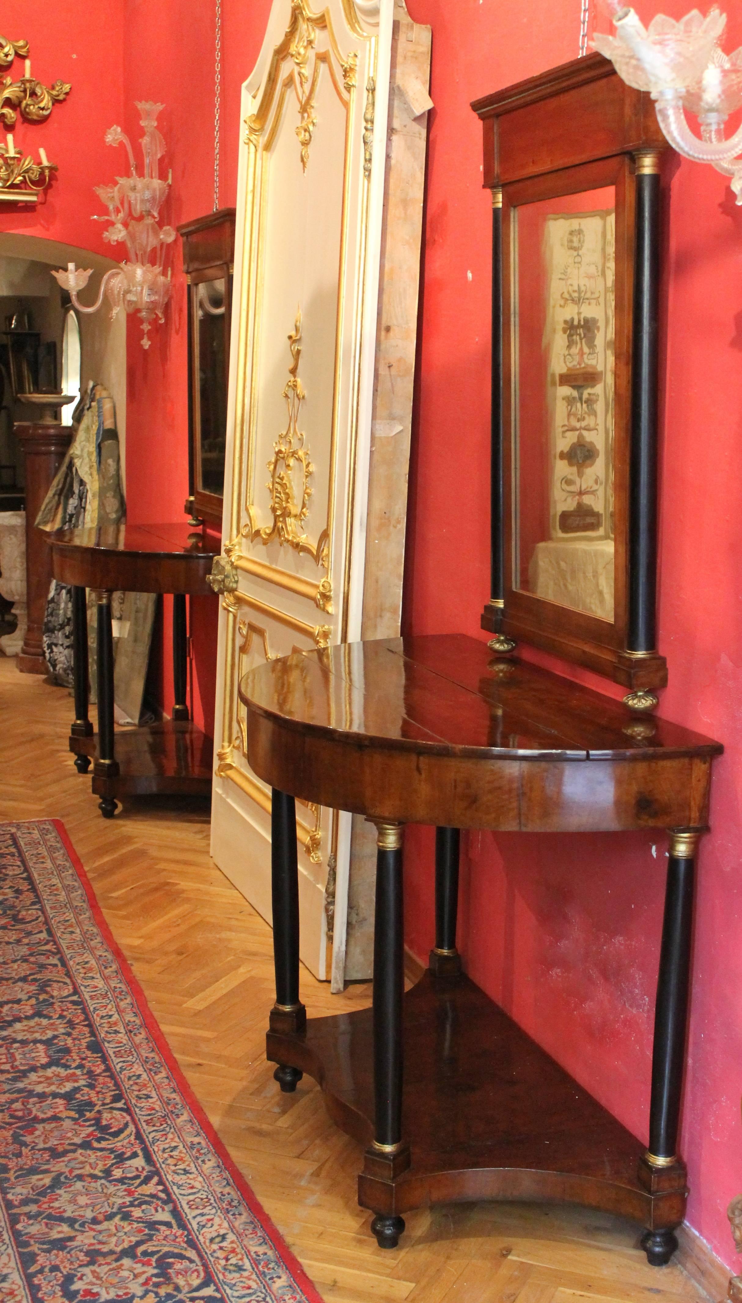 Italian Empire Period Walnut and Ebonized Demilune Console Tables with Mirrors For Sale 2